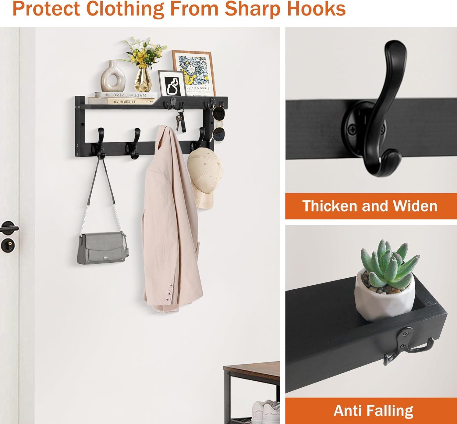 Coat Rack Wall Mount with Shelf, Wood Wall Hooks with Storage, Entryway Shelf with 5 Coat Hangers for Bathroom, Living Room, Bedroom, Black