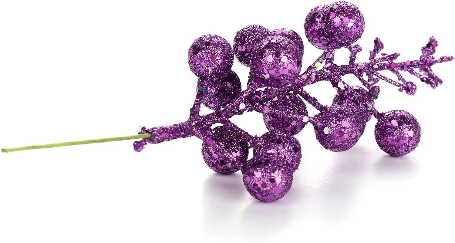 Glitter Berry Stems, 12pcs Christmas Berry Picks Artificial Fruit Berry Stem Branch Christmas Tree Garland Decorations for Holiday Party Purple