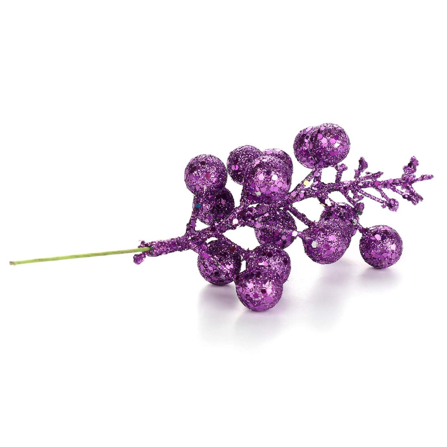 Glitter Berry Stems, 12pcs Christmas Berry Picks Artificial Fruit Berry Stem Branch Christmas Tree Garland Decorations for Holiday Party Purple