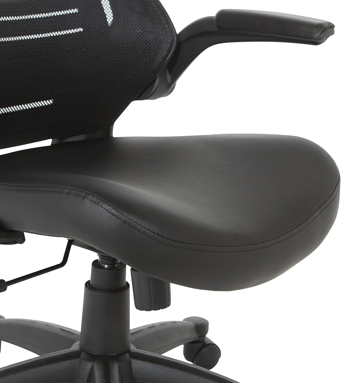 Office Star Products Screen Back Manager's Chair in Black Faux Leather Seat with PU Padded Flip Arms with Silver Accents