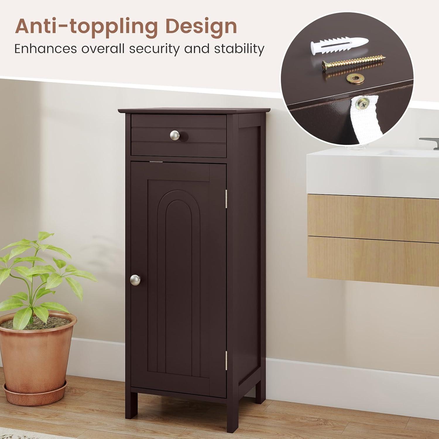 Bathroom Floor Cabinet, Standing Cabinet with Drawer and Doors, Storage Cabinet with 2 Adjustable Shelves, Brown