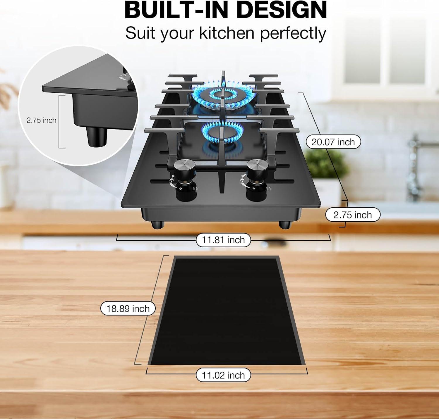 Stainless Steel 2 Burner Propane Gas Cooktop with Ceramic Surface