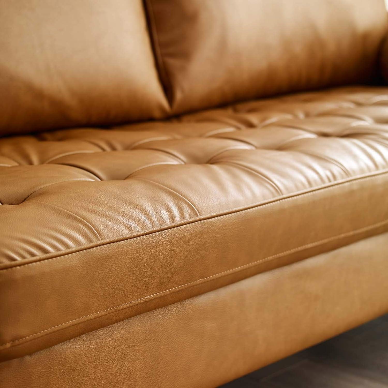 Brown Tufted Faux Leather Sofa with Walnut Wood Legs