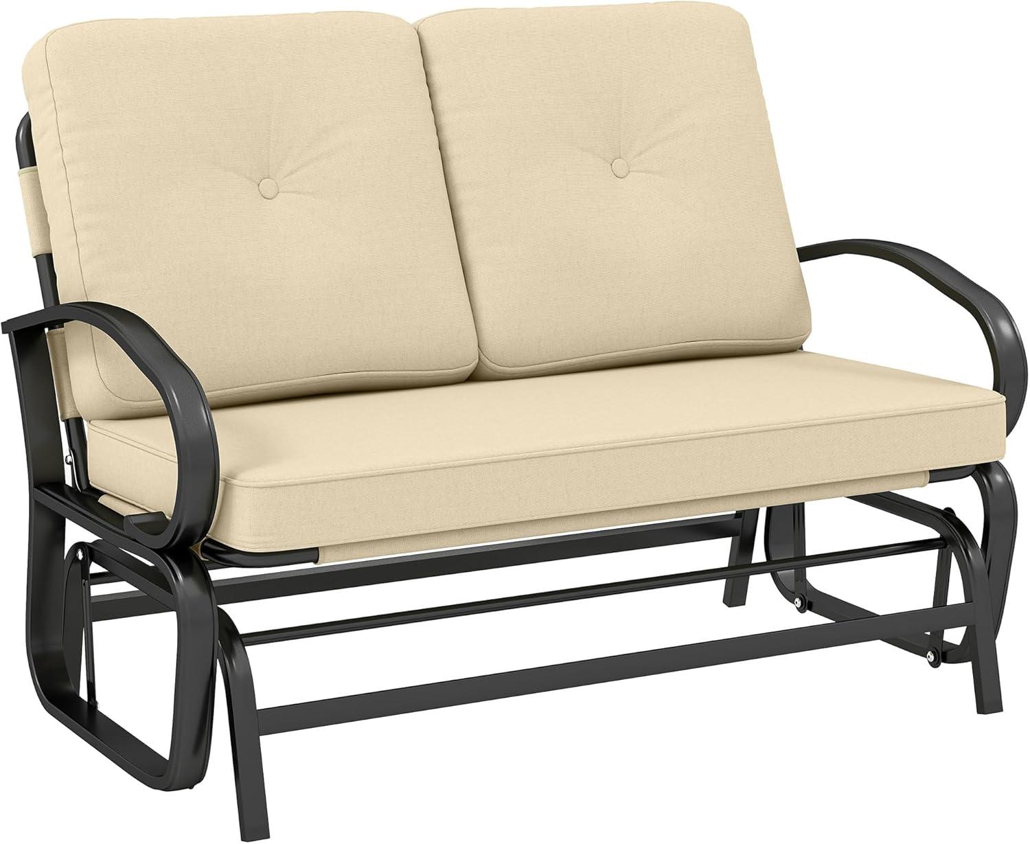 Outsunny Patio Glider Bench with Padded Cushions and Armrests, Outdoor 2-Person Swing Rocking Chair Loveseat with Sturdy Frame, Beige