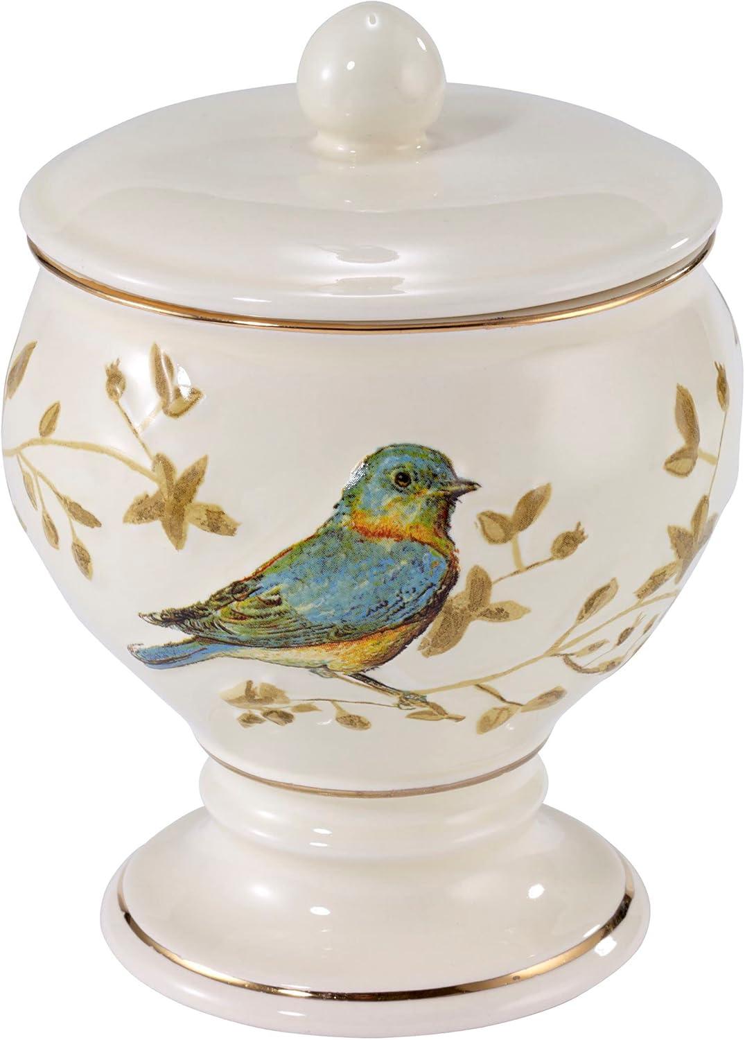 Ivory Ceramic Covered Jar with Gilded Birds and Gold Accents