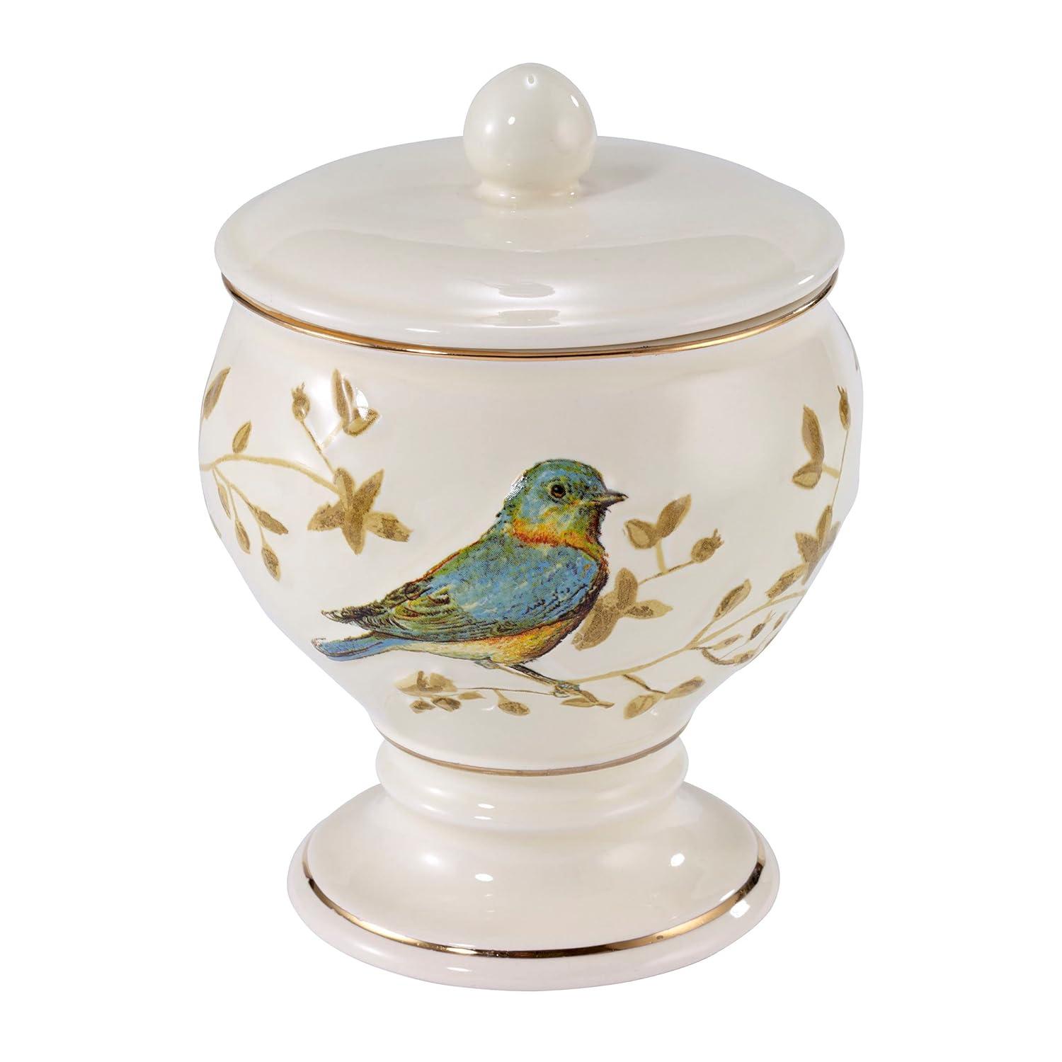 Ivory Ceramic Covered Jar with Gilded Birds and Gold Accents