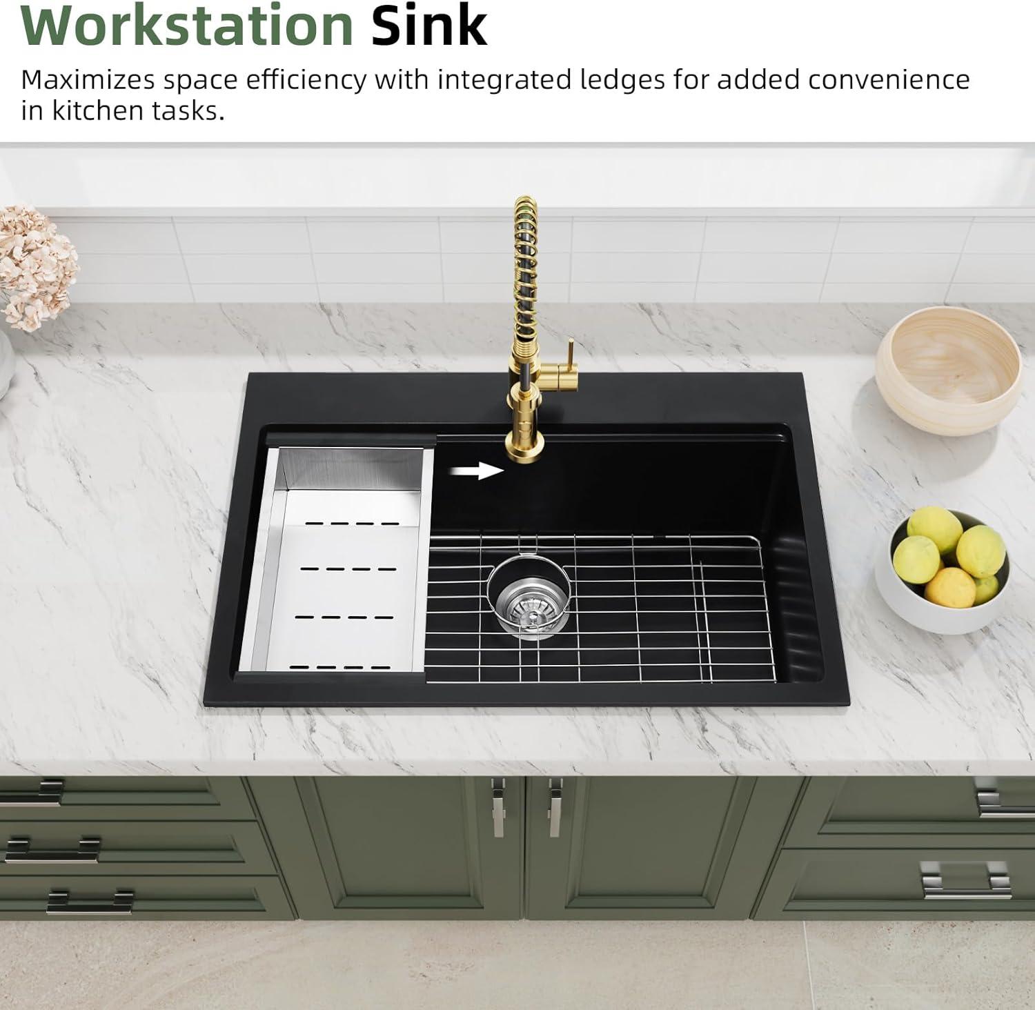 Davivy 33 Inch Black Granite Composite Kitchen Sink Workstation, 33 X 22 Quartz Composite Dual Mount Sink, Matte Black Composite Single Bowl Sink