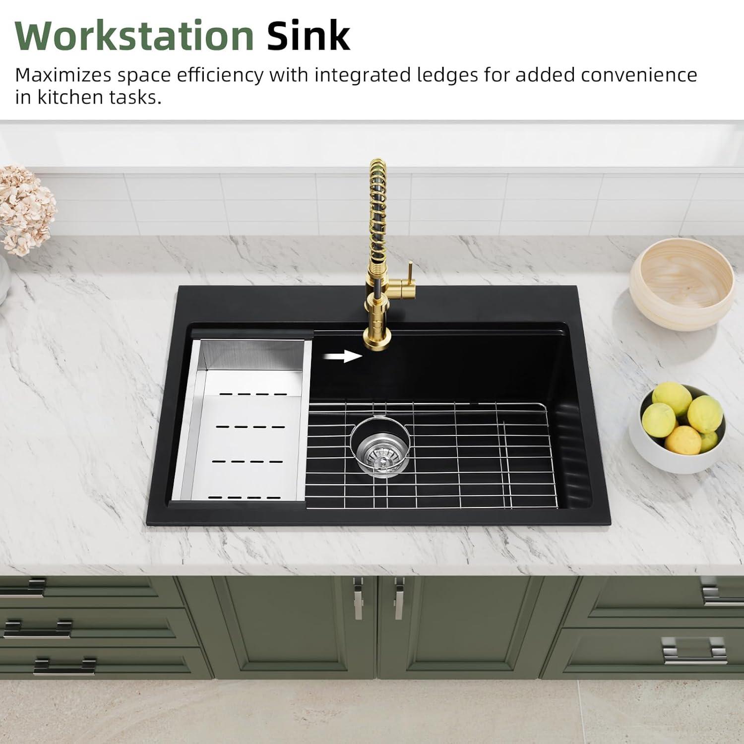 Davivy 33 Inch Black Granite Composite Kitchen Sink Workstation, 33 X 22 Quartz Composite Dual Mount Sink, Matte Black Composite Single Bowl Sink
