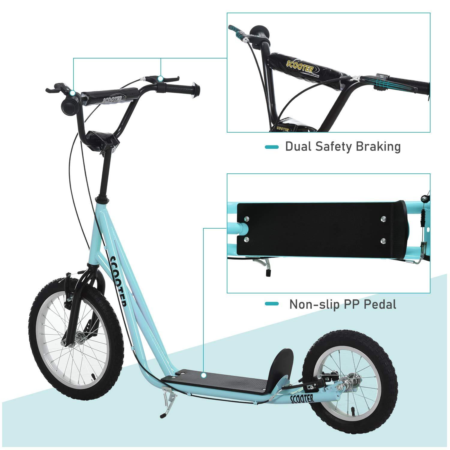 Aosom Youth Scooter, Teens Kick Scooter, Adjustable Handlebar Ride On Toy for 5+ with 16" Front and 12" Rear Dual Brakes Inflatable Wheels