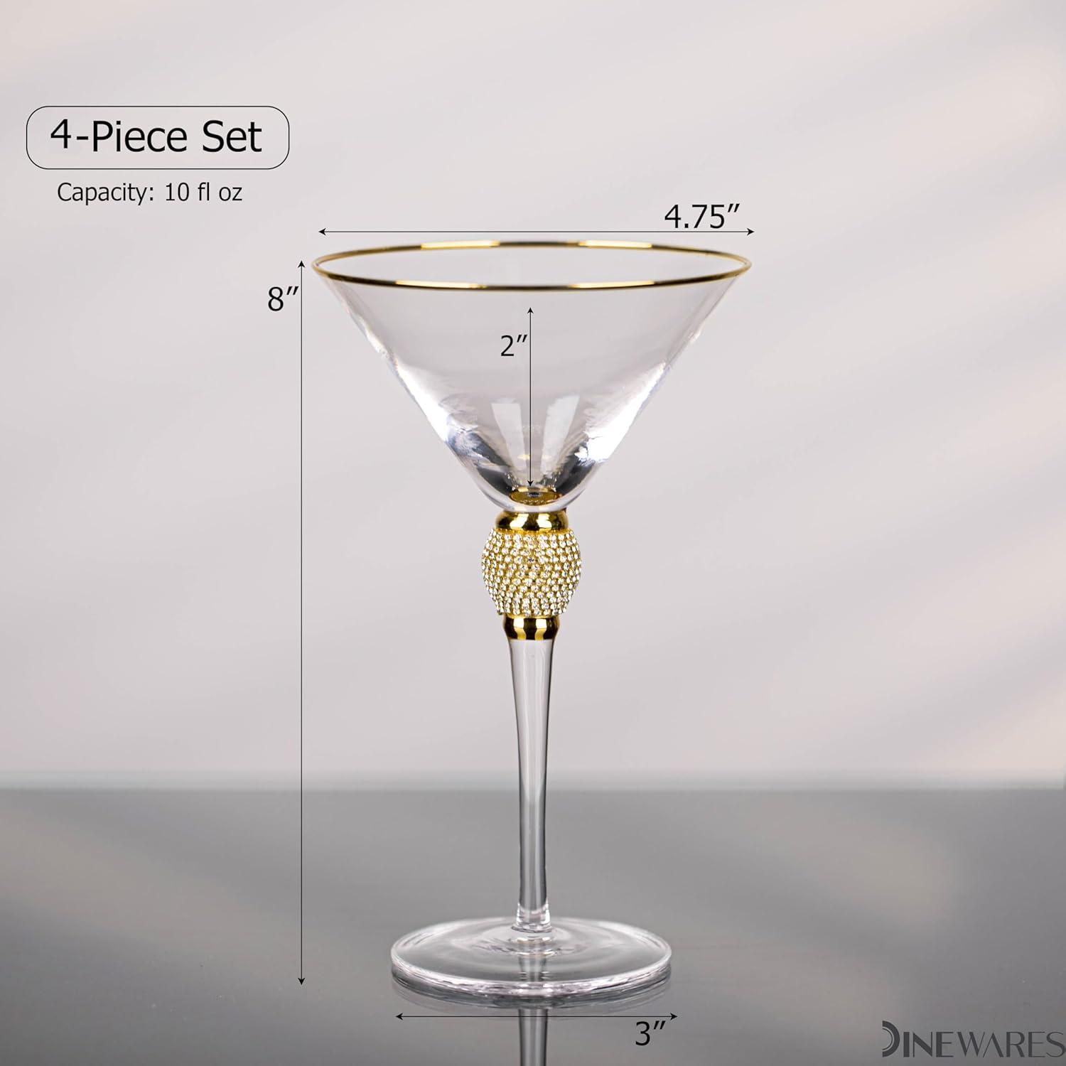 Dinewares Clear Stem Crystal Martini Glasses with Rim and Diamond-like Rhinestones, Elegant 10oz Glassware Set for Cosmopolitan Vodka, Gold Set of 4