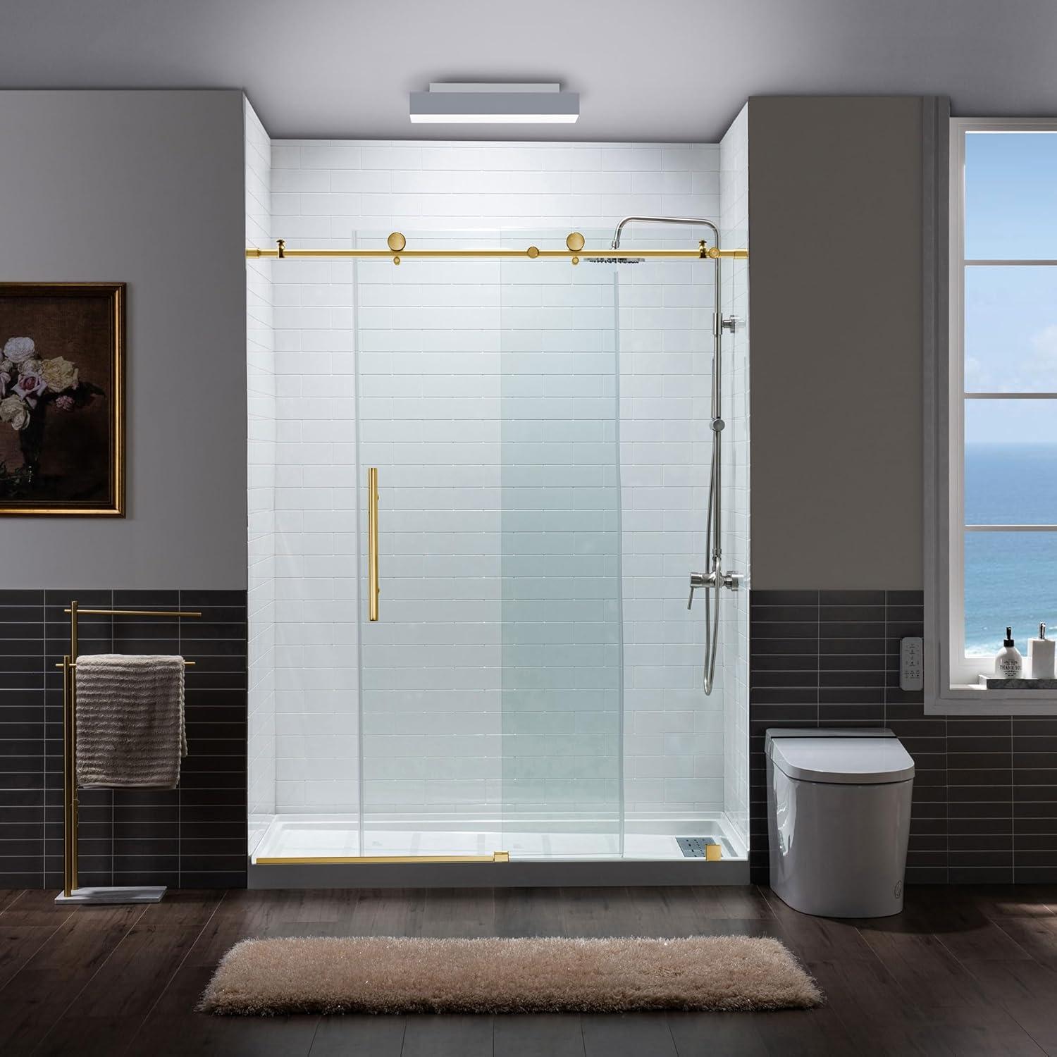 WoodBridge 56"-60" W x 76" H Single Sliding Frameless Shower Door | 3/8" (10mm) Thickened Upgrade Tempered Glass | Stainless Steel Hardware | Safe, Explosion-Resistant, Clear & Stylish, Sturdy & Durable MBSDC6076-BG