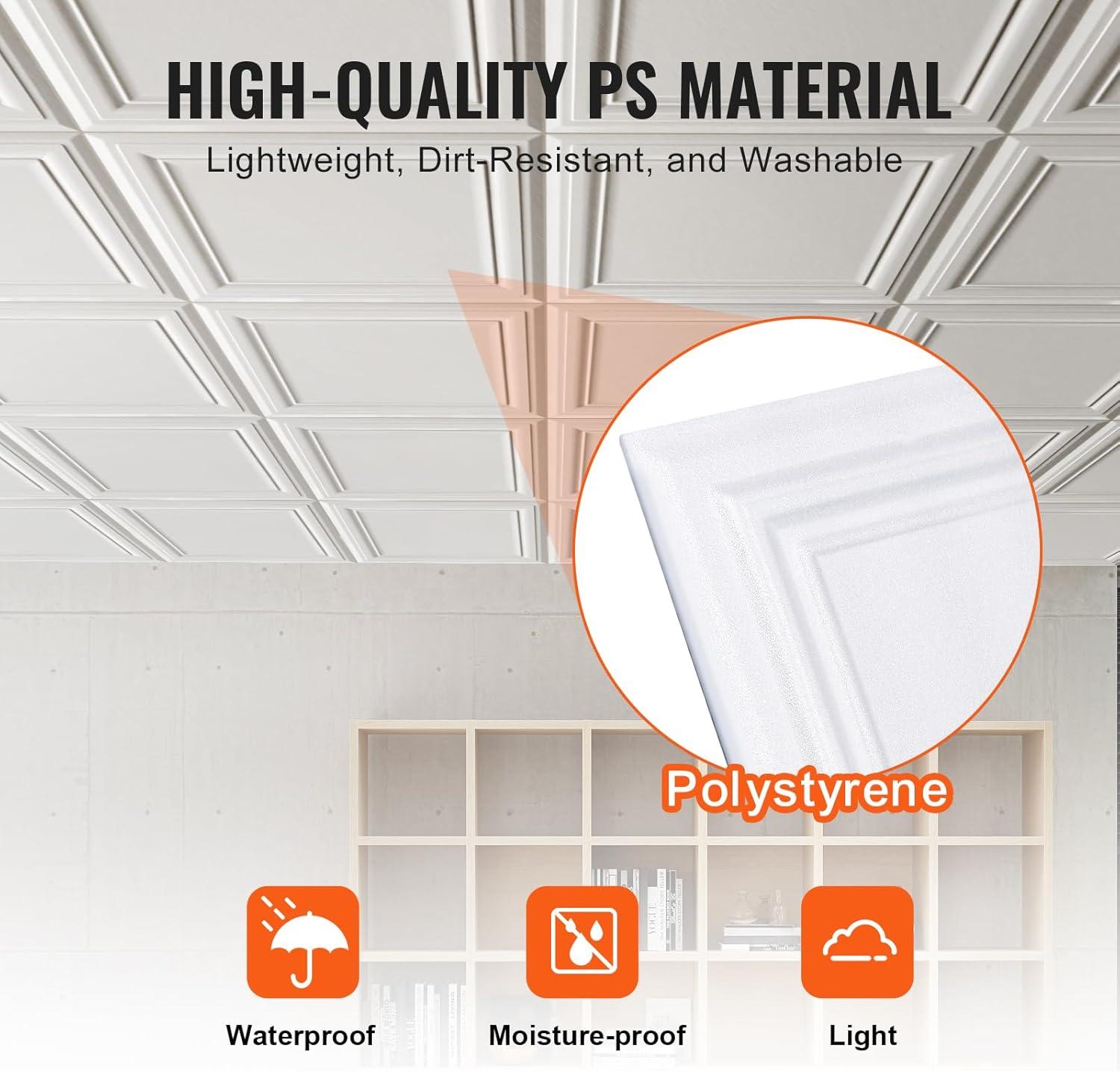 VEVOR 20in x 20in Drop Ceiling Tiles (48-Pack), Easy Installation/Cutting Plastic Glue-up, Cover 133 Sq. Ft, Basement Ceiling Covering for Home/Office Decoration