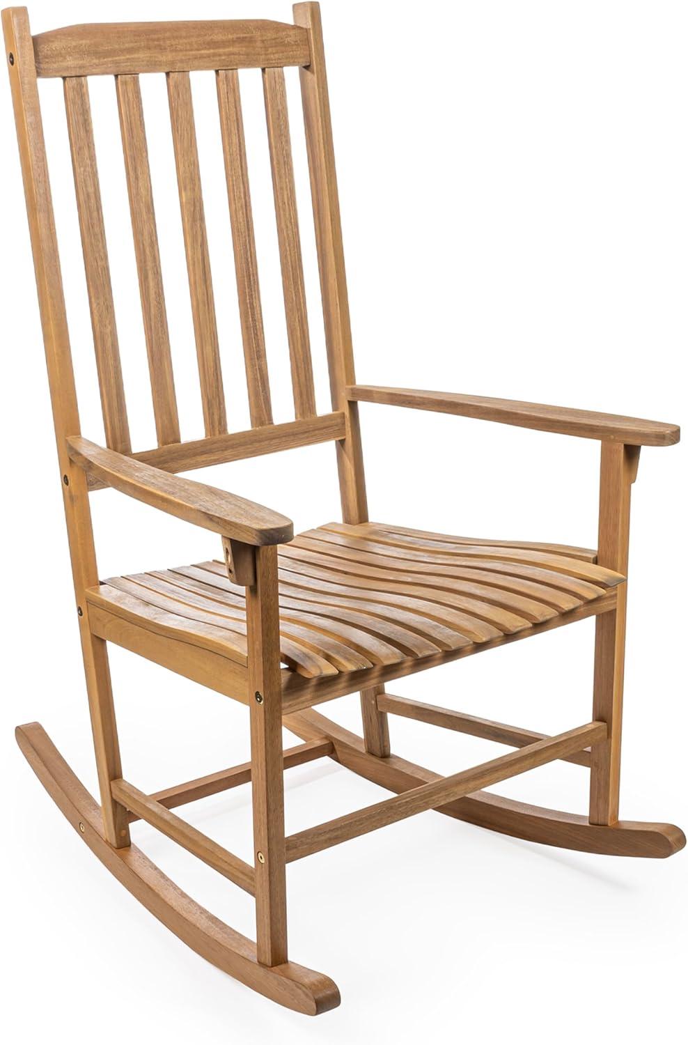 Seagrove Farmhouse Classic Slat-Back 350-LBS Support Acacia Wood Outdoor Rocking Chair, Teak Brown - JONATHAN Y