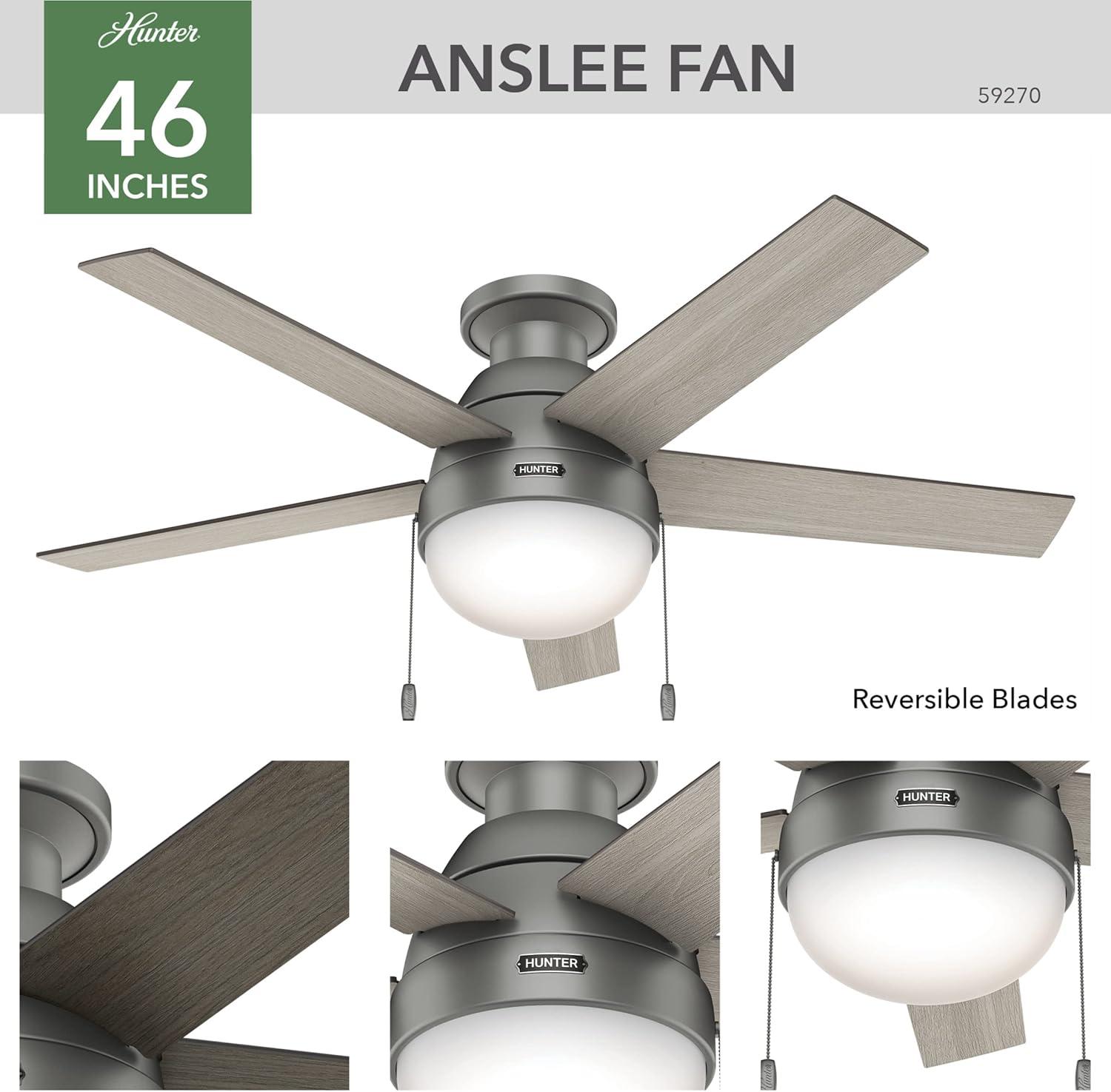 Hunter Fan 46" Anslee 5 - Blade LED Flush Mount Ceiling Fan with Pull Chain and Light Kit Included