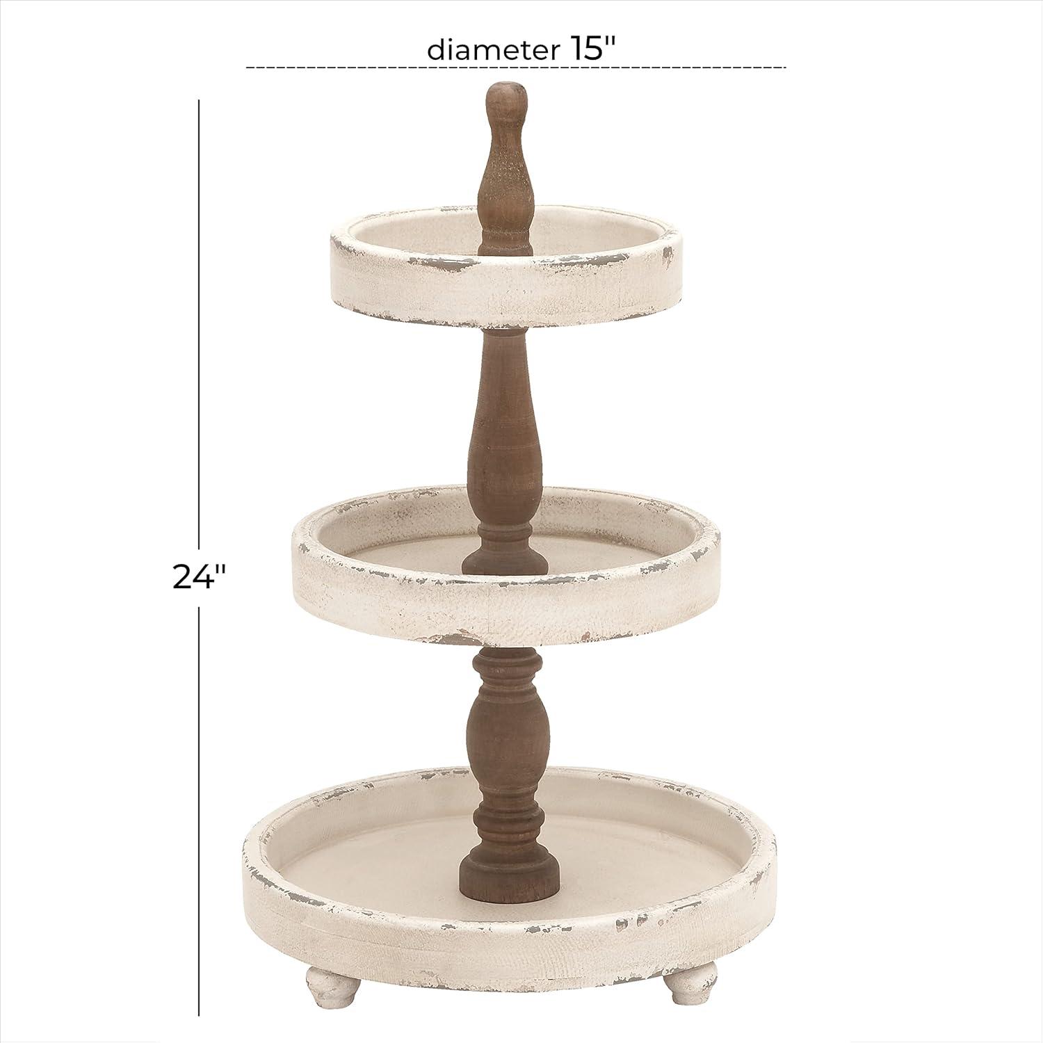 Distressed White and Brown Wood 3-Tier Round Serving Tray