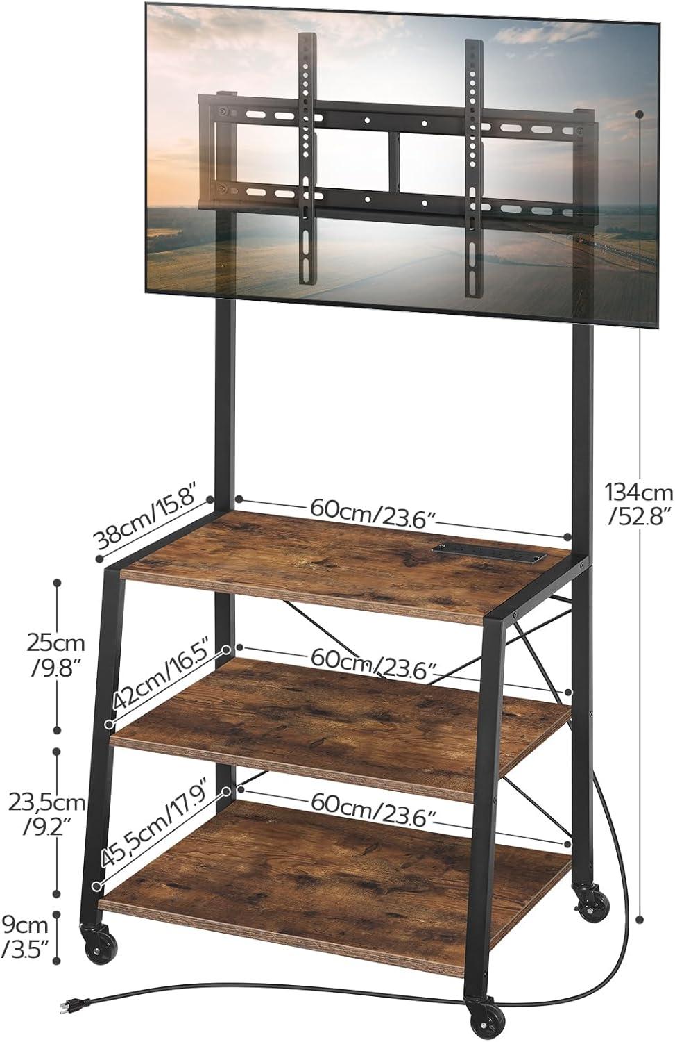 HOOBRO Rolling TV Stand with Mount and Power Outlet Up to 55 inch TV, Corner Entertainment Center, Small TV Stand with 3-Tier Storage Shelves for Living Room, Bedroom, Rustic Brown and Black BF66UDS01