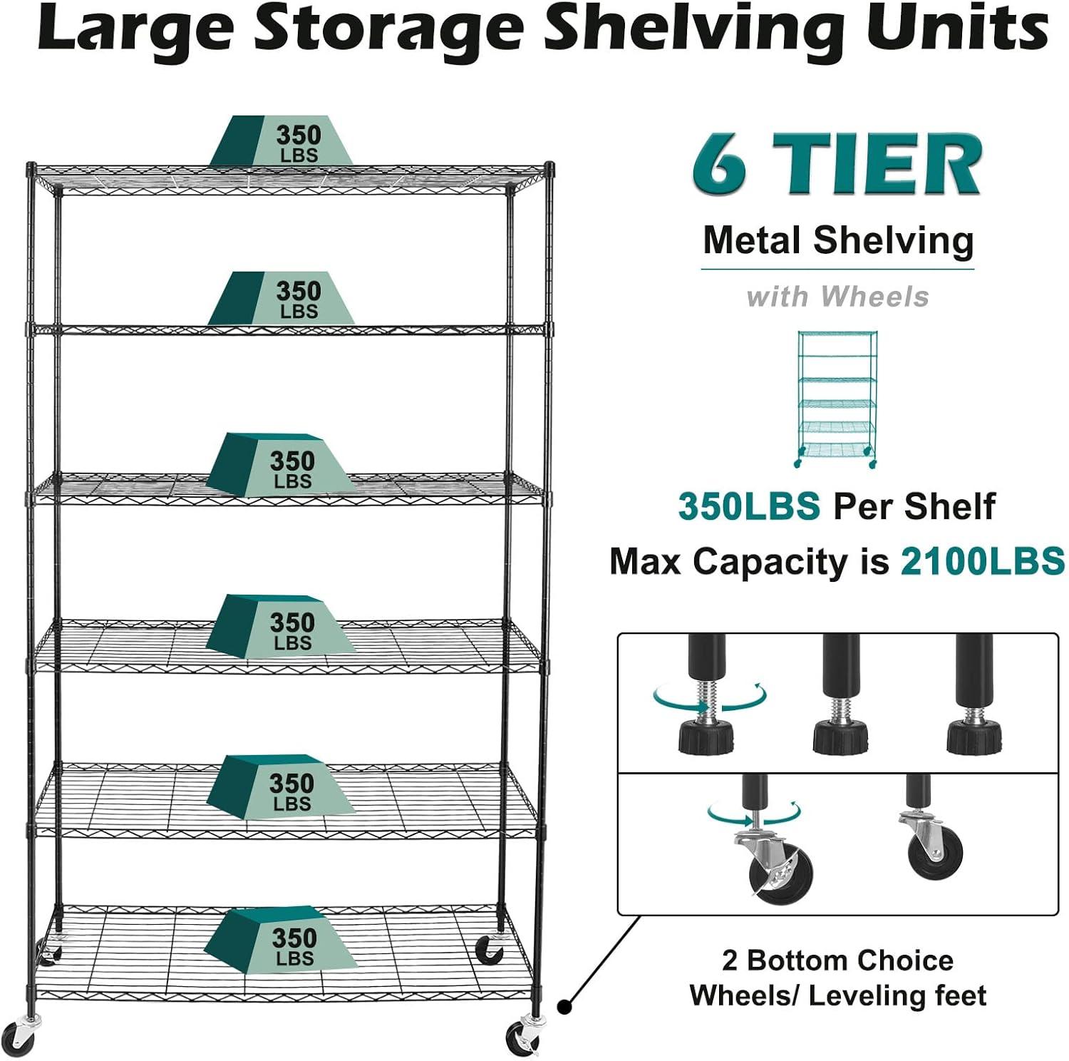 NSF Certified Storage Shelves on Wheels, Heavy Duty Metal Shelves for Storage with Adjustable Stand, 6-Tier Wire Shelving Unit for Garage Pantry Kitchen Shelf Rack (17"x47"x80" 6-Tier)