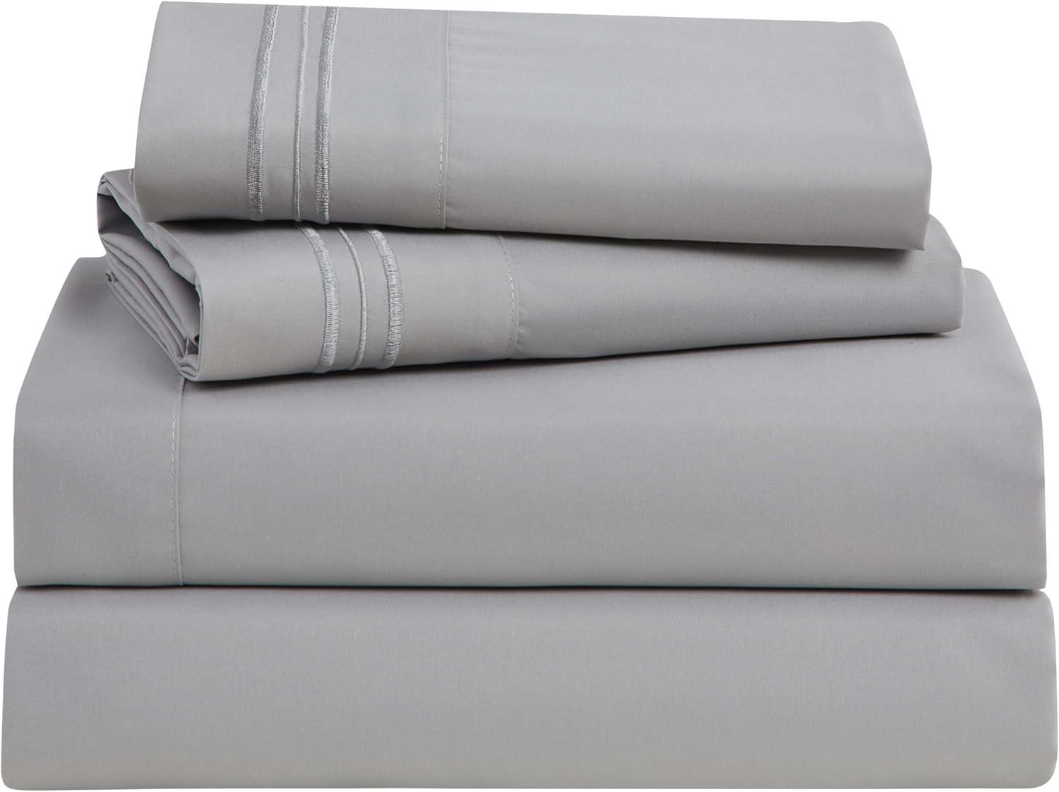 Clara Clark Bed Sheets, Premier 1800 Series 4 Piece Bed Sheet Set, Deep Pocket Luxury Soft Bedding Sheets & Pillowcases, Twin, Light Gray