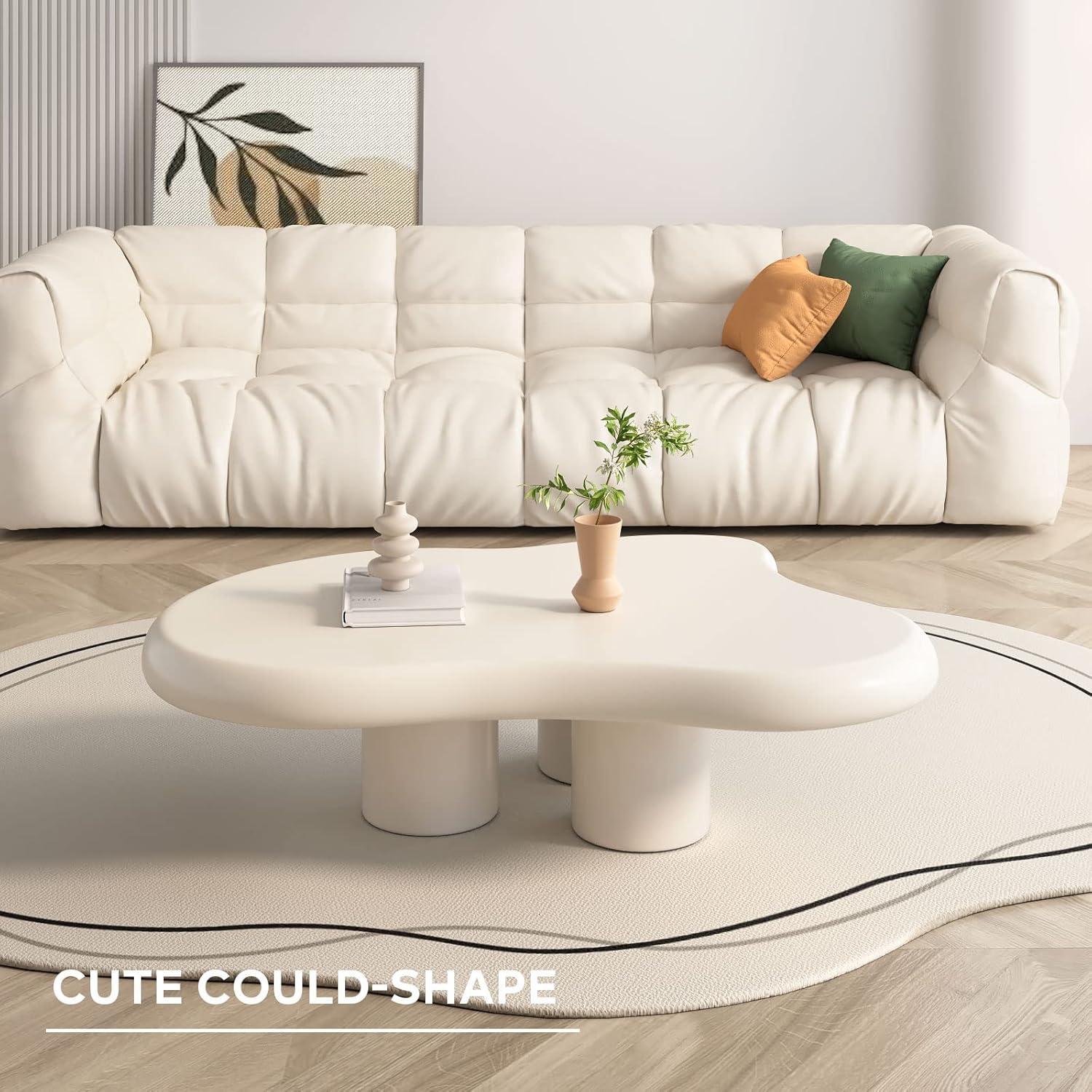 Guyii 41.02" Cream White Cloud Coffee Table, Irregular Coffee Table with 3 Legs for Living Room, Office