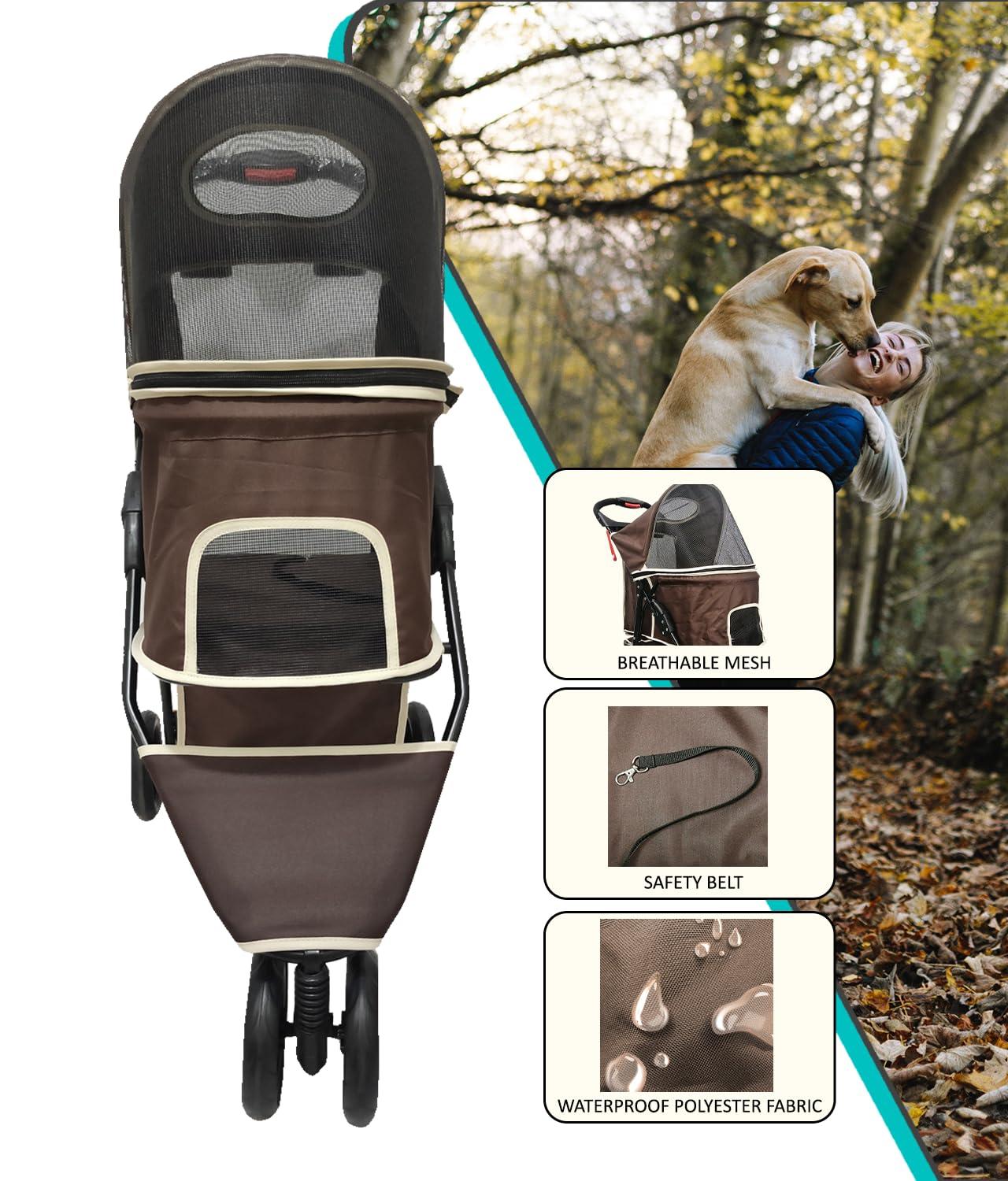 AmorosO Coffee Brown Foldable Pet Stroller with Storage