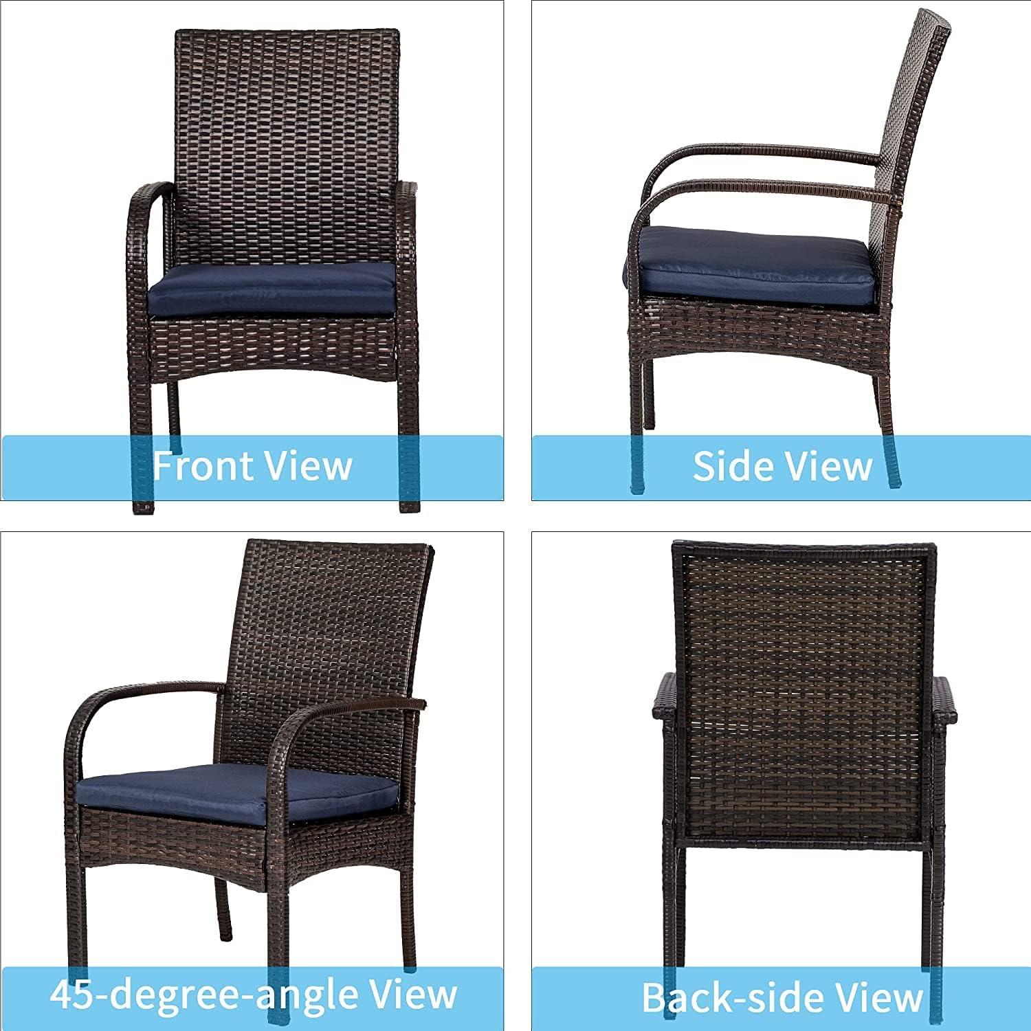 Brown Wicker Outdoor Dining Chairs with Blue Cushions, Set of 2