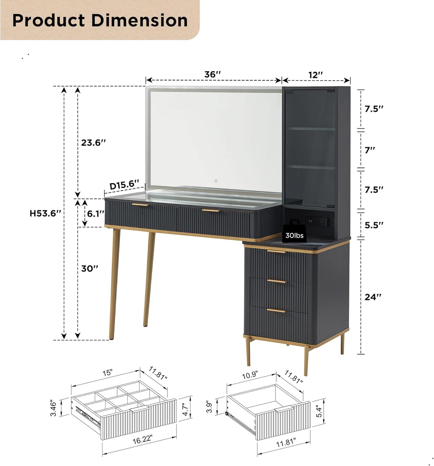 Fluted Makeup Vanity Tables with 36" HD Lighted Mirror, 48" Big Modern Vanity Desk with Glass Top & 5 Drawers & Shelves, Dressing Table, Dark Gray