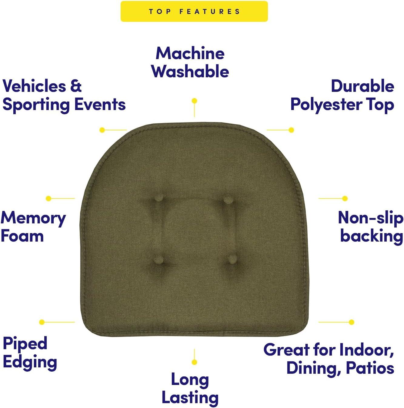 Solid Color U Shaped Memory Foam 17" x 16" Chair Cushions, Army Green, 4 Pack