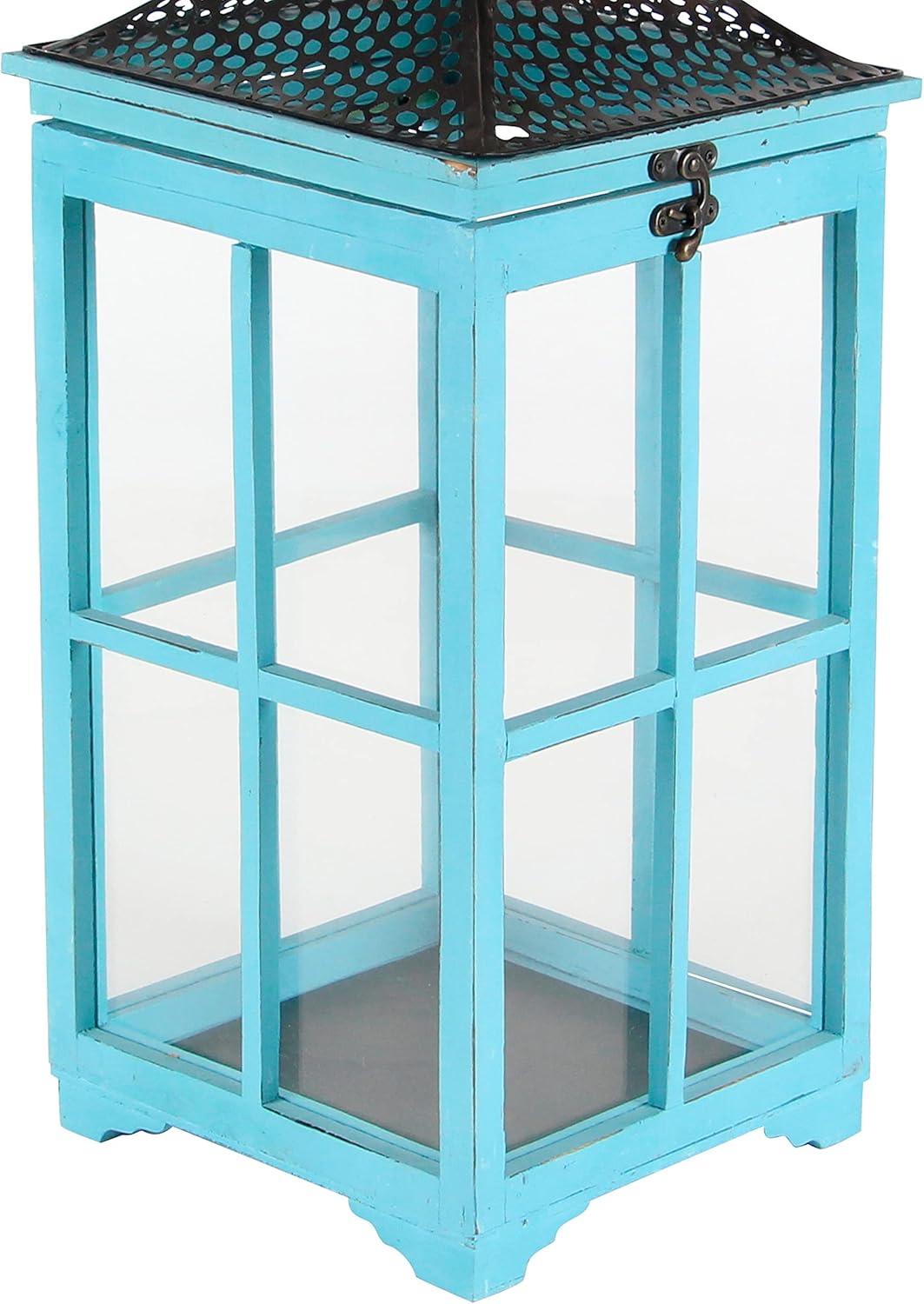 Coastal Blue Wood & Glass Hanging Candle Lantern Set