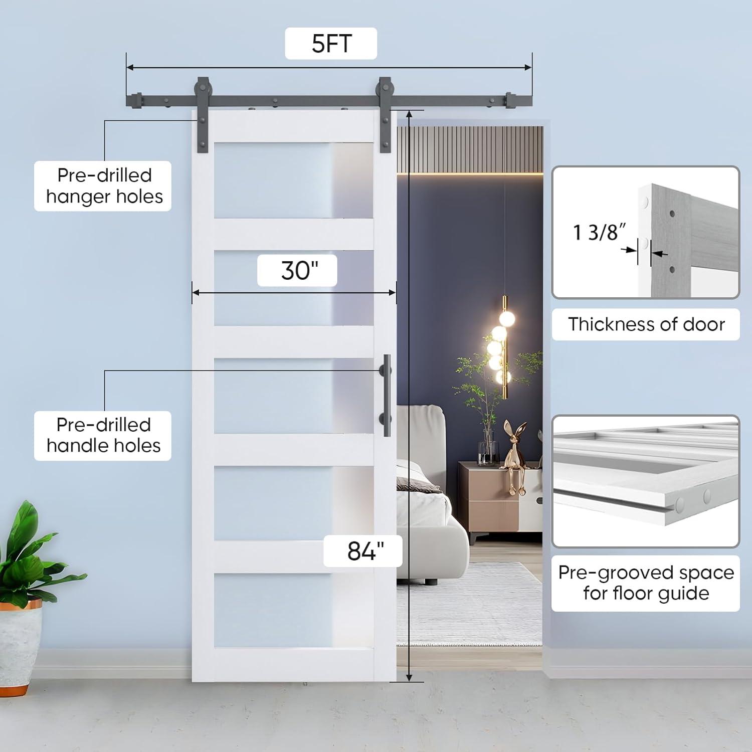 White 30x84 Frosted Glass 5-Panel Sliding Barn Door with Hardware Kit