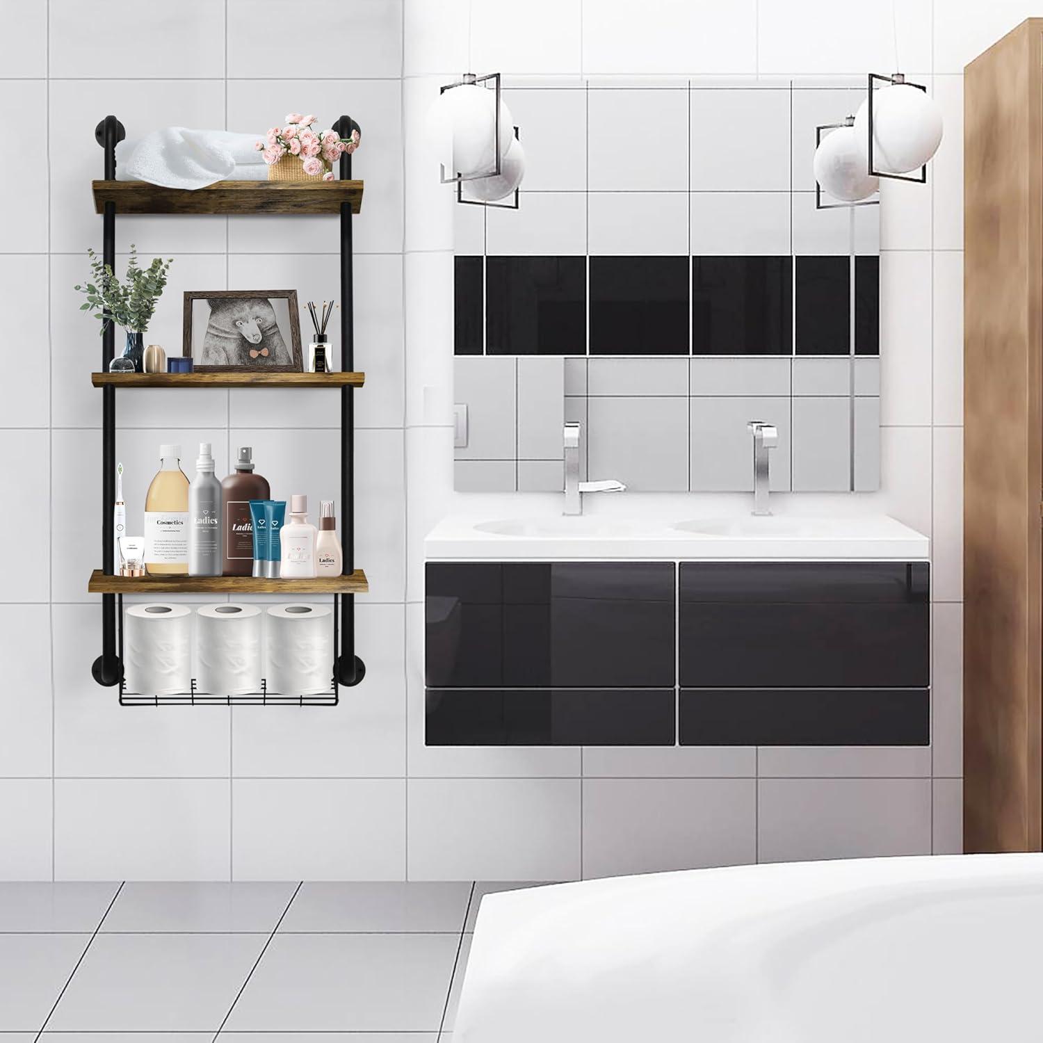 3-Tier Wall Mounted Floating Shelves with Basket, Easy Assemble Industrial Pipe Shelving, Anti-Rust for Bathroom, Kitchen, Bedroom - 44.5 * 16.9 inch