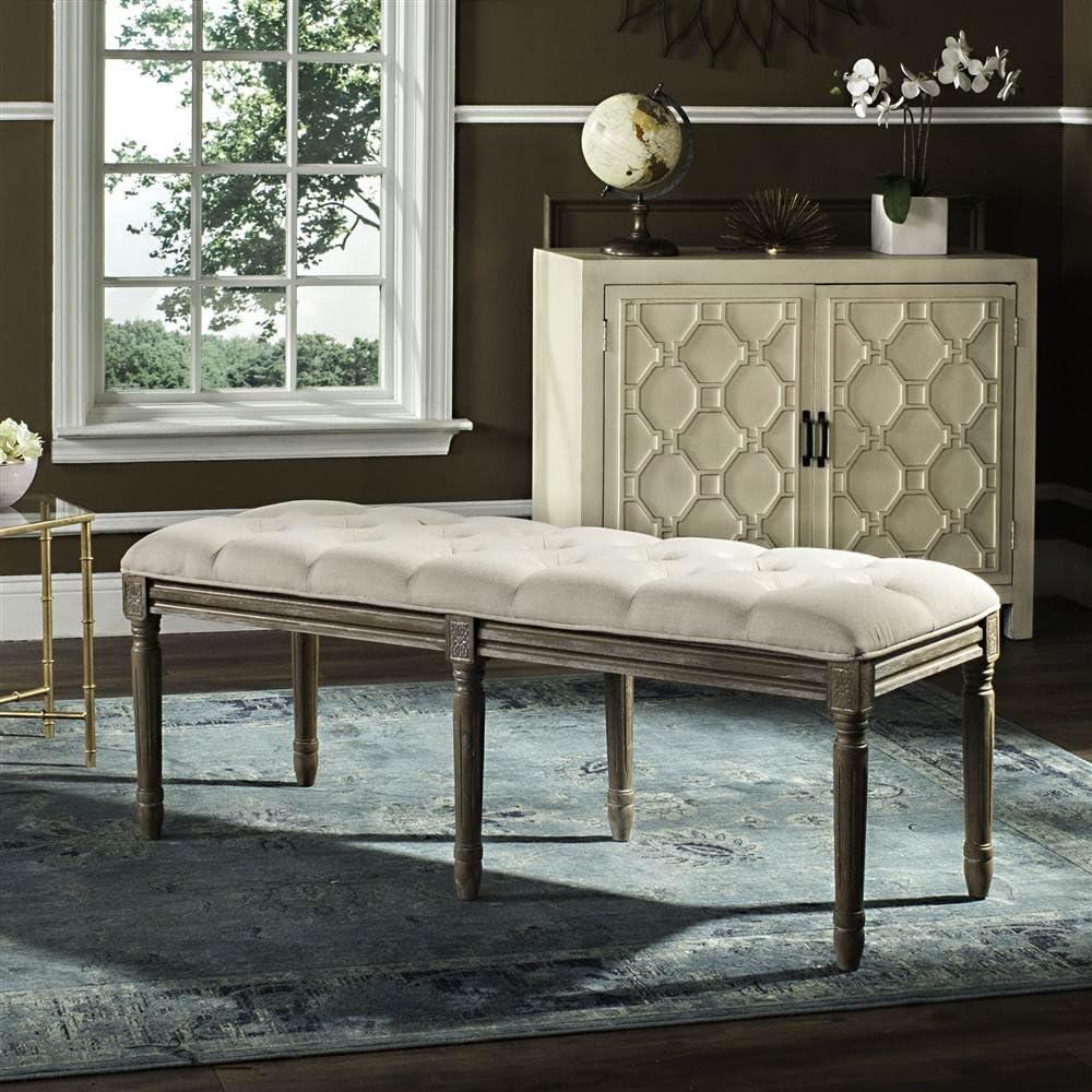 Rocha 19''H French Brasserie Tufted Traditional Rustic Wood Bench  - Safavieh