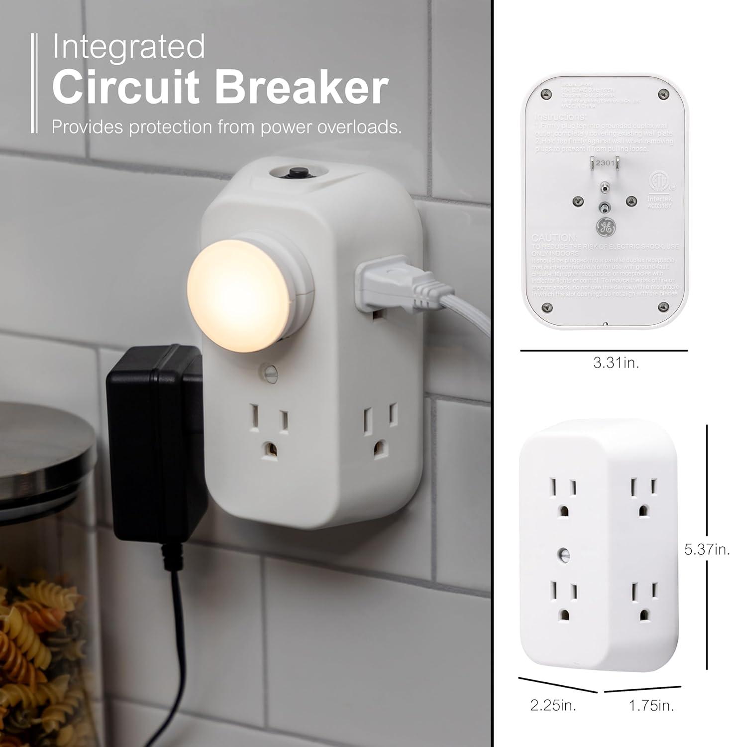 GE 6-Outlet Wall Adapter, Reset Button, Wide Spaced Outlets, 56575