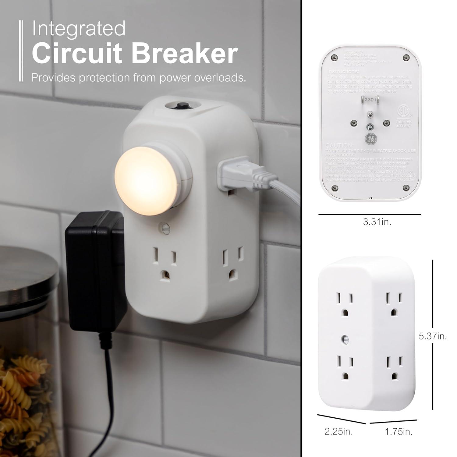 GE 6-Outlet Wall Adapter, Reset Button, Wide Spaced Outlets, 56575