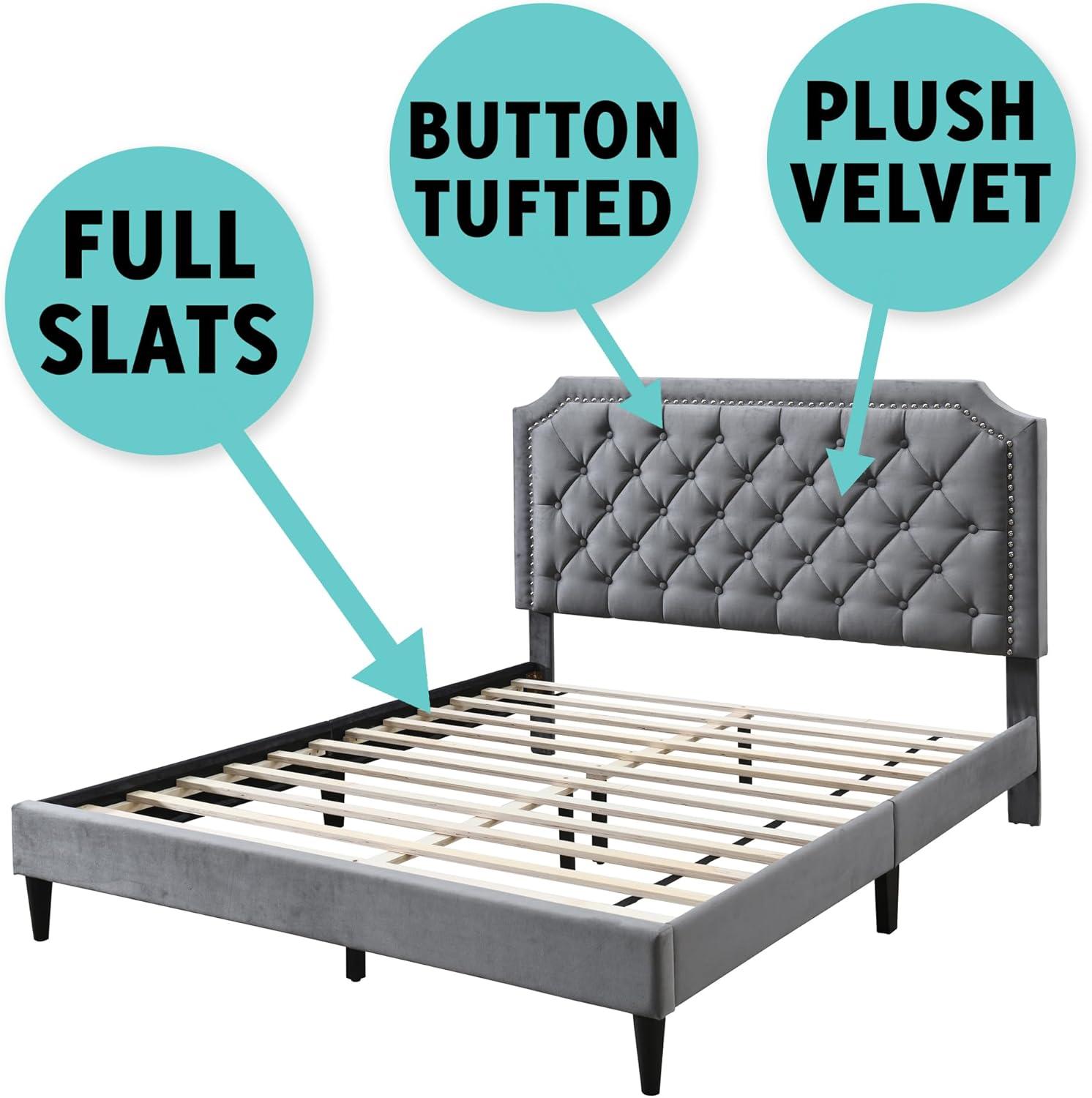 Ava Charcoal Velvet Tufted Queen Bed with Nailhead Trim