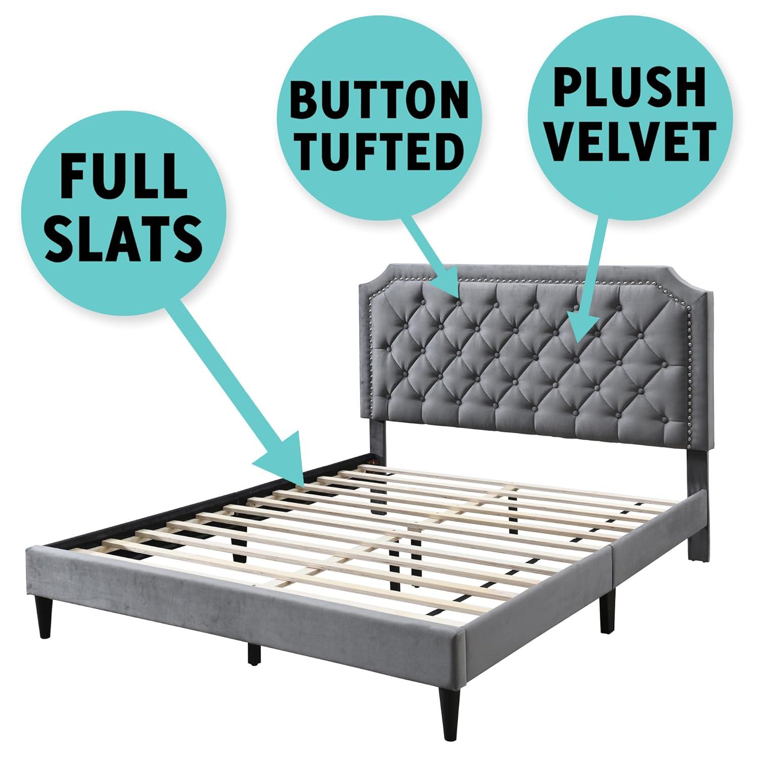 Urban Home Furniture Ava Plush Velvet Tufted Buttoned Upholstered Headboard Clipped Edge Nailhead Decorated Platform Bed Frame with Wood Slats Support Legs Full - Beige
