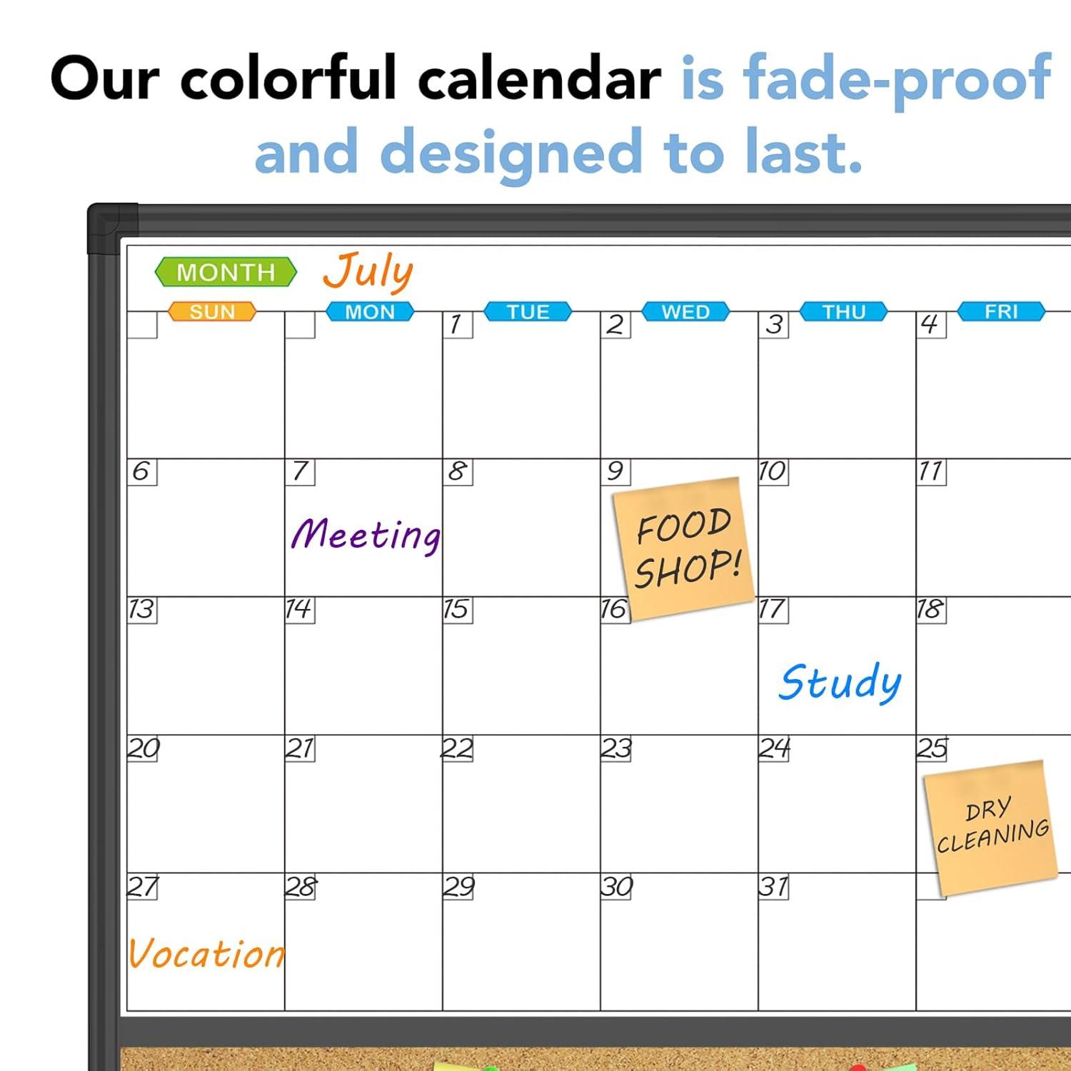 JILoffice Magnetic Calendar Whiteboard & Bulletin Corkboard Combination, Combo Board 24 x 18 Inch, Black Aluminum Frame Wall Mounted Board for Office Home and School with 10 Push Pins