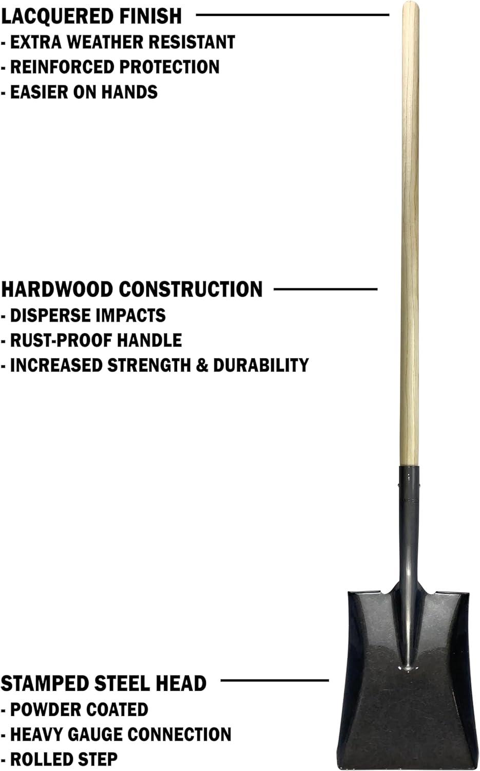 Workforce Tools Square Point Shovel - Sturdy 48” Wooden Handle - Heavy Duty 16 Gauge Steel Head
