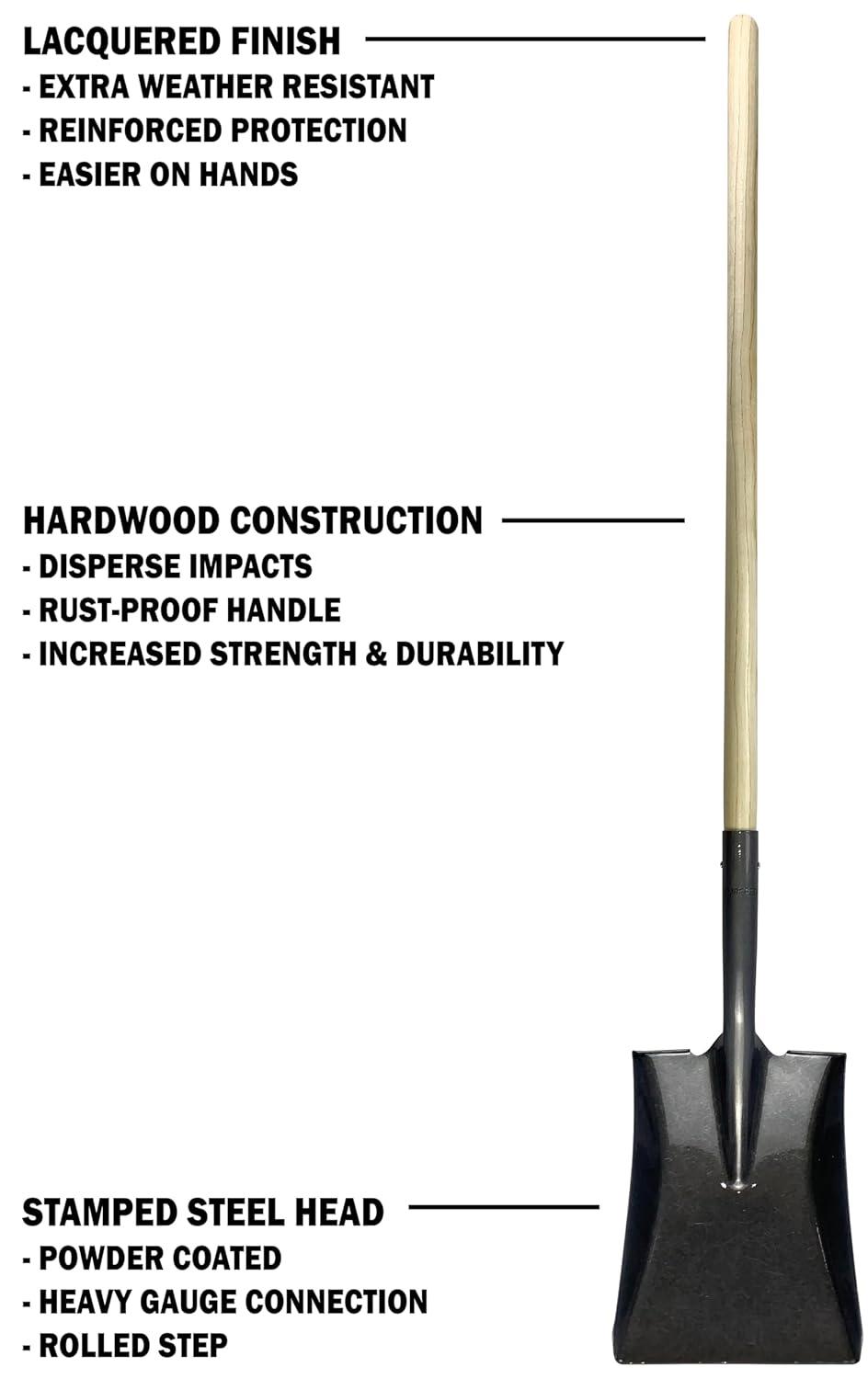 Workforce Tools Square Point Shovel - Sturdy 48” Wooden Handle - Heavy Duty 16 Gauge Steel Head