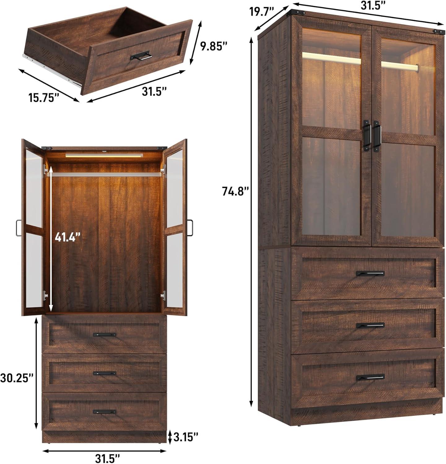 Ivy Bronx 75" Tall Farmhouse 2 Doors Armoire Wardrobe Closet with 3 Drawers and LED,Freestanding Closet