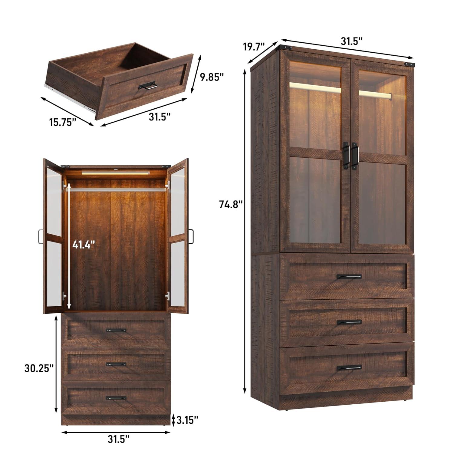 Ivy Bronx 75" Tall Farmhouse 2 Doors Armoire Wardrobe Closet with 3 Drawers and LED,Freestanding Closet