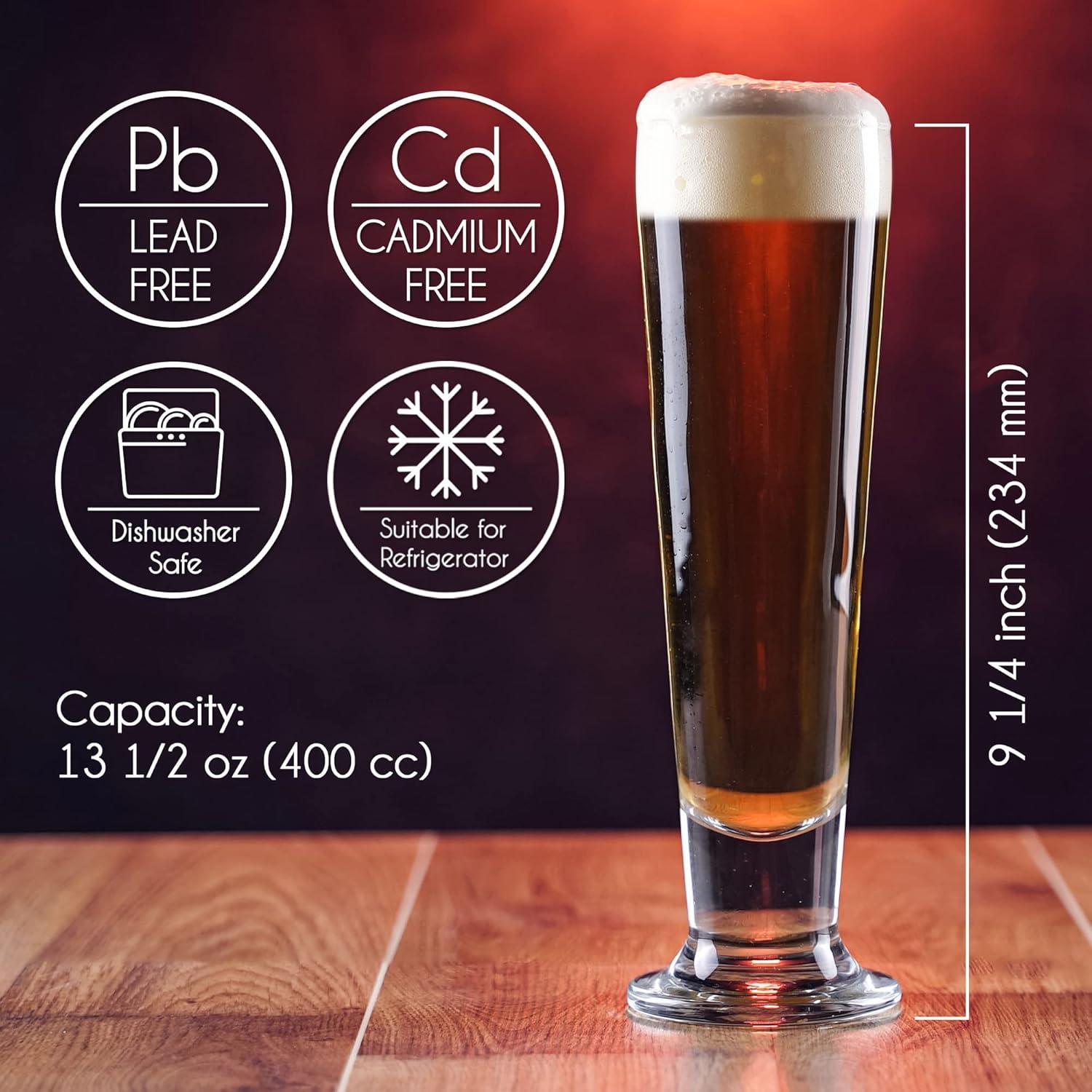 CRYSTALIA Beer Glasses Set, Tall Footed Pilsner Glass, Pint Beer Drinking Set, Lead-Free Brewery Tumblers, Craft Beer Tasting Glass, Classic Lager Stout Clear Glassware, IPA Glasses for Men, 4 PCs