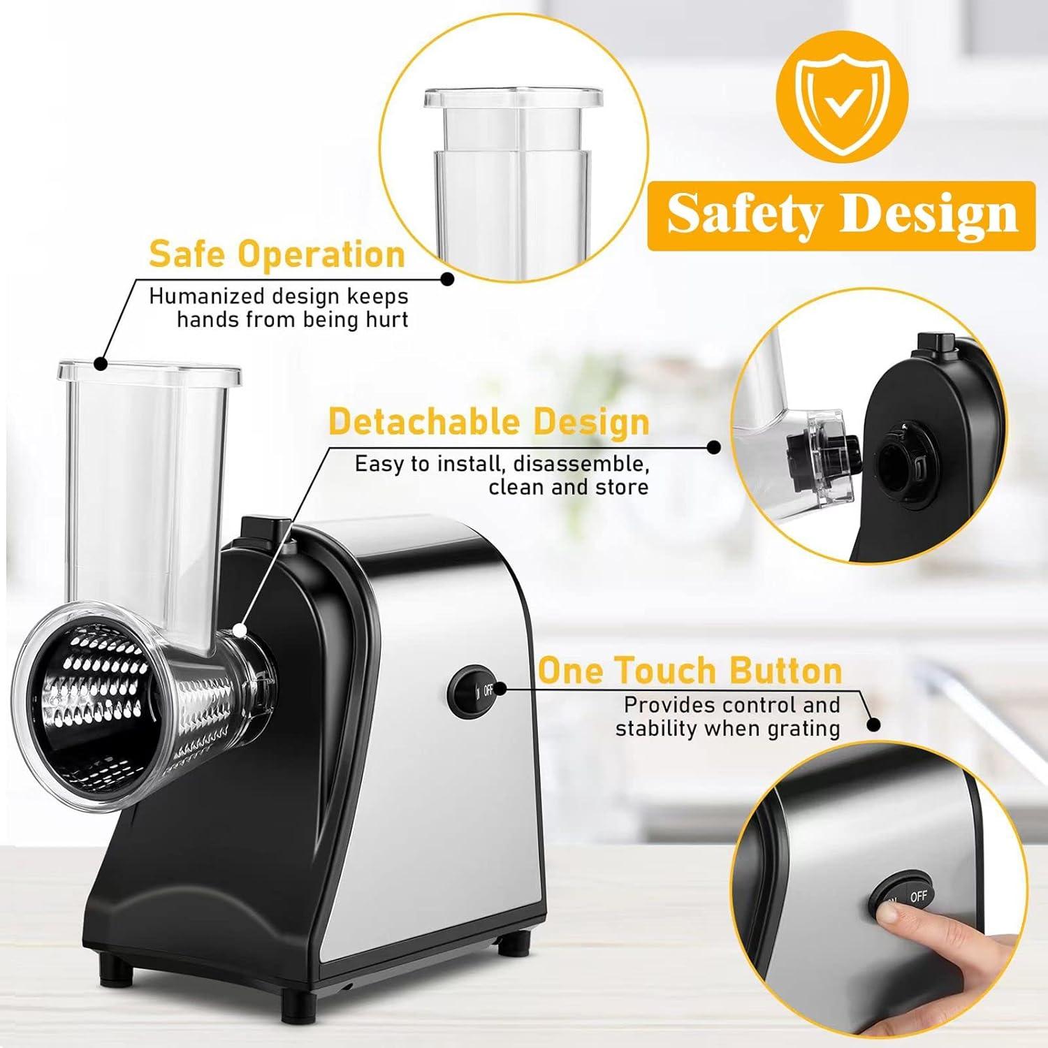 Jahy2Tech 5-in-1 Electric Cheese Grater 250W Salad Maker Slicer/Shredder One-Touch Control Powerful Electric Grater for Fruits and Vegetables, Cheese