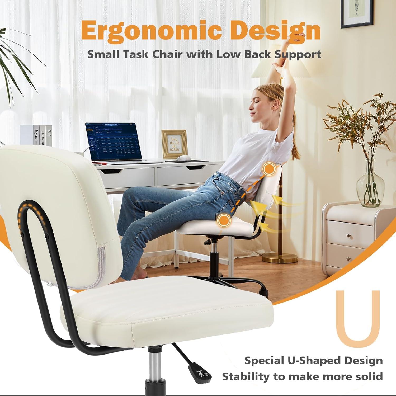 Topcobe Armless Home Office Chair Ergonomic Desk with Comfy Low Back Lumbar Support, Height Adjustable PU Leather Computer Task Chair with 360° Swivel Wheels, for Small Space, Kids and Adults, Black