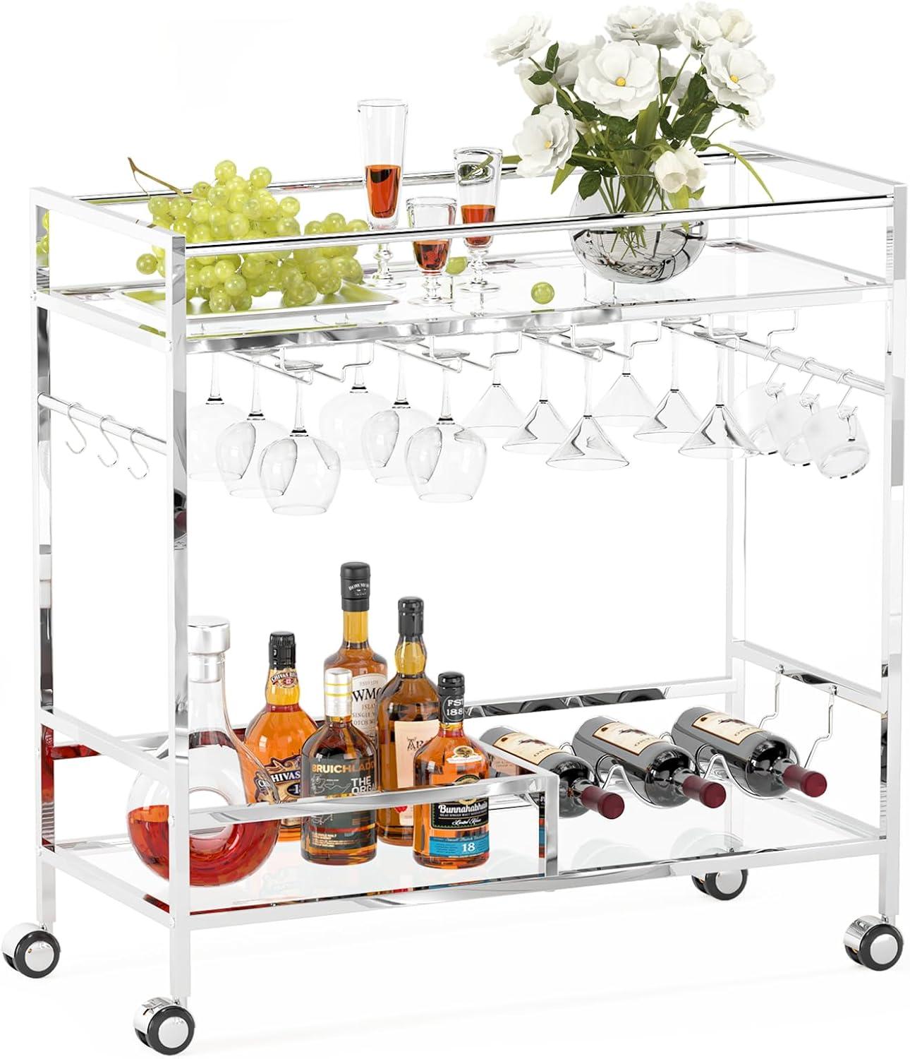 Bar Cart, Bar Serving Cart with Wheels, 2 Tier Bar Carts for The Home Kitchen Dining Room with Wine Rack and Glass Holder (Gold)