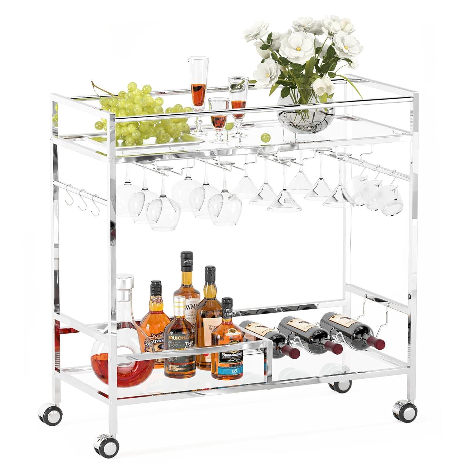Bar Cart, Bar Serving Cart with Wheels, 2 Tier Bar Carts for The Home Kitchen Dining Room with Wine Rack and Glass Holder (Gold)