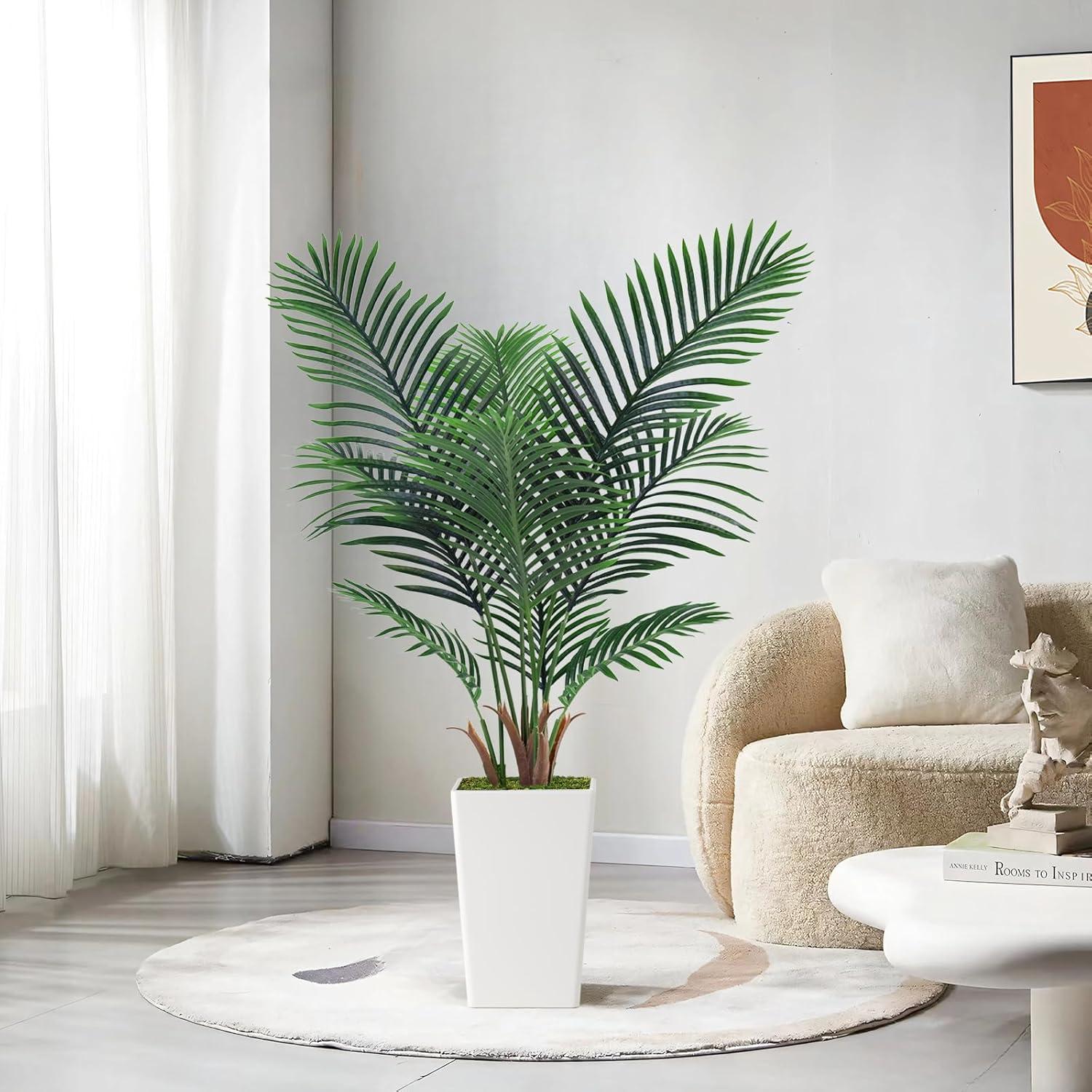 Artificial Palm Tree 5FT - Fake Tree with White Tall Planter - Faux Tropical Floor Plant in Pot - Artificial Silk Plant for Home Office Living Room Decor Indoor