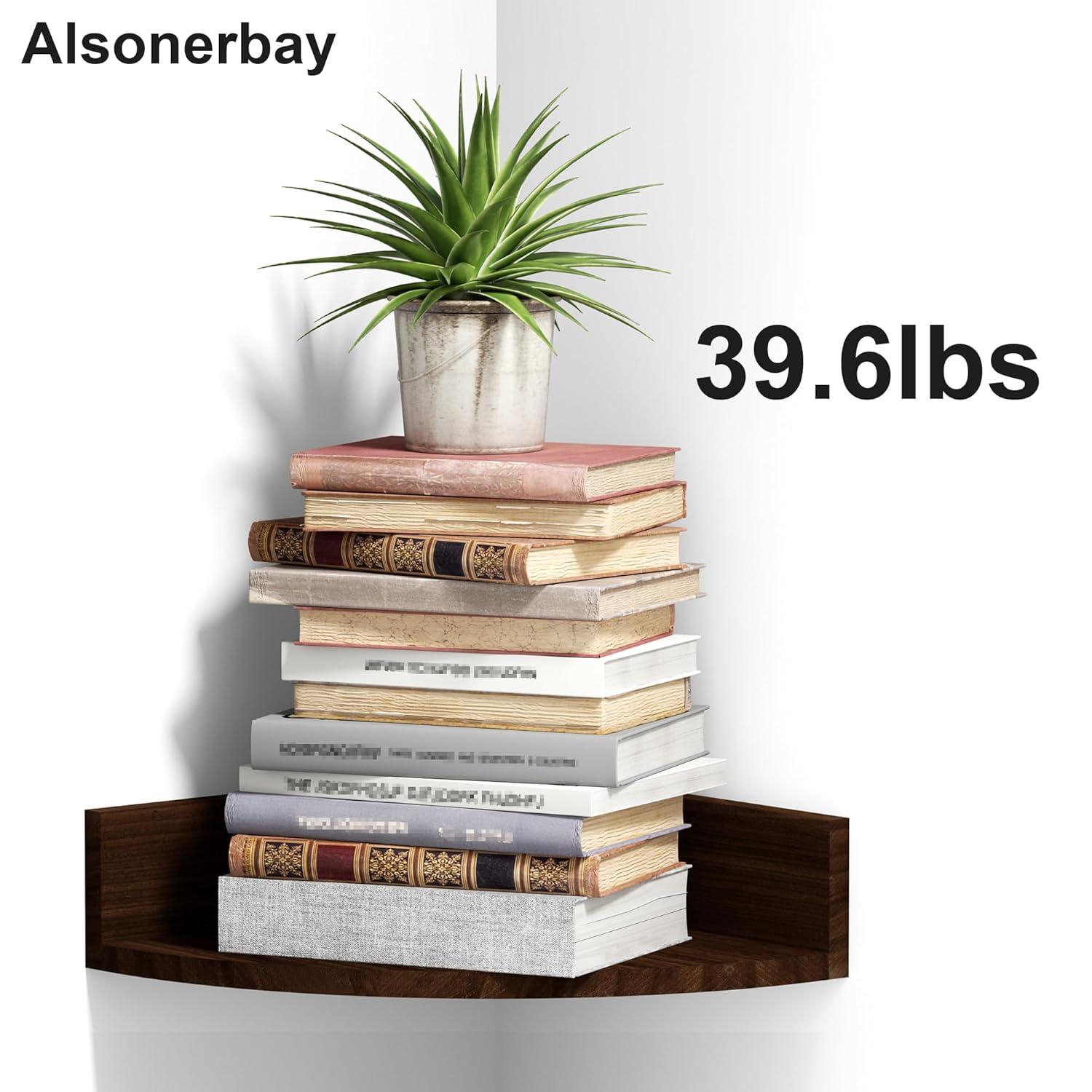 Alsonerbay Corner Shelf Wall Mount, Set of 3 Floating Shelves for Storage and Display, Rustic Wood Shelves for Bedroom, Kitchen, Living Room, Nursery and Office (Dark Brown)