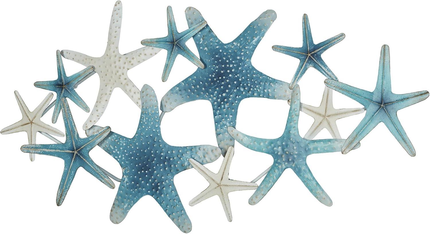 Starfish Cluster Oceanic Metal Wall Sculpture | Handpainted Coastal Blue, Antique White, and Metallic Gold Hues | Layered, Textured Starfish Beach Collage Wall Art | Hangs Horizontally or Vertically