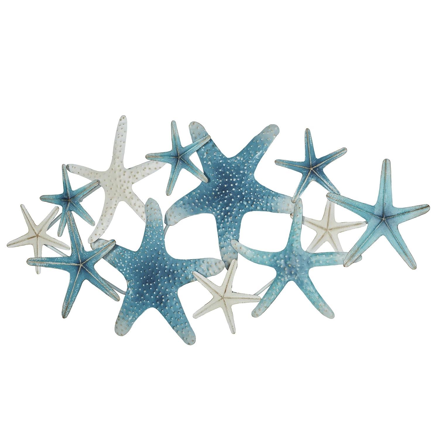 Starfish Cluster Oceanic Metal Wall Sculpture | Handpainted Coastal Blue, Antique White, and Metallic Gold Hues | Layered, Textured Starfish Beach Collage Wall Art | Hangs Horizontally or Vertically