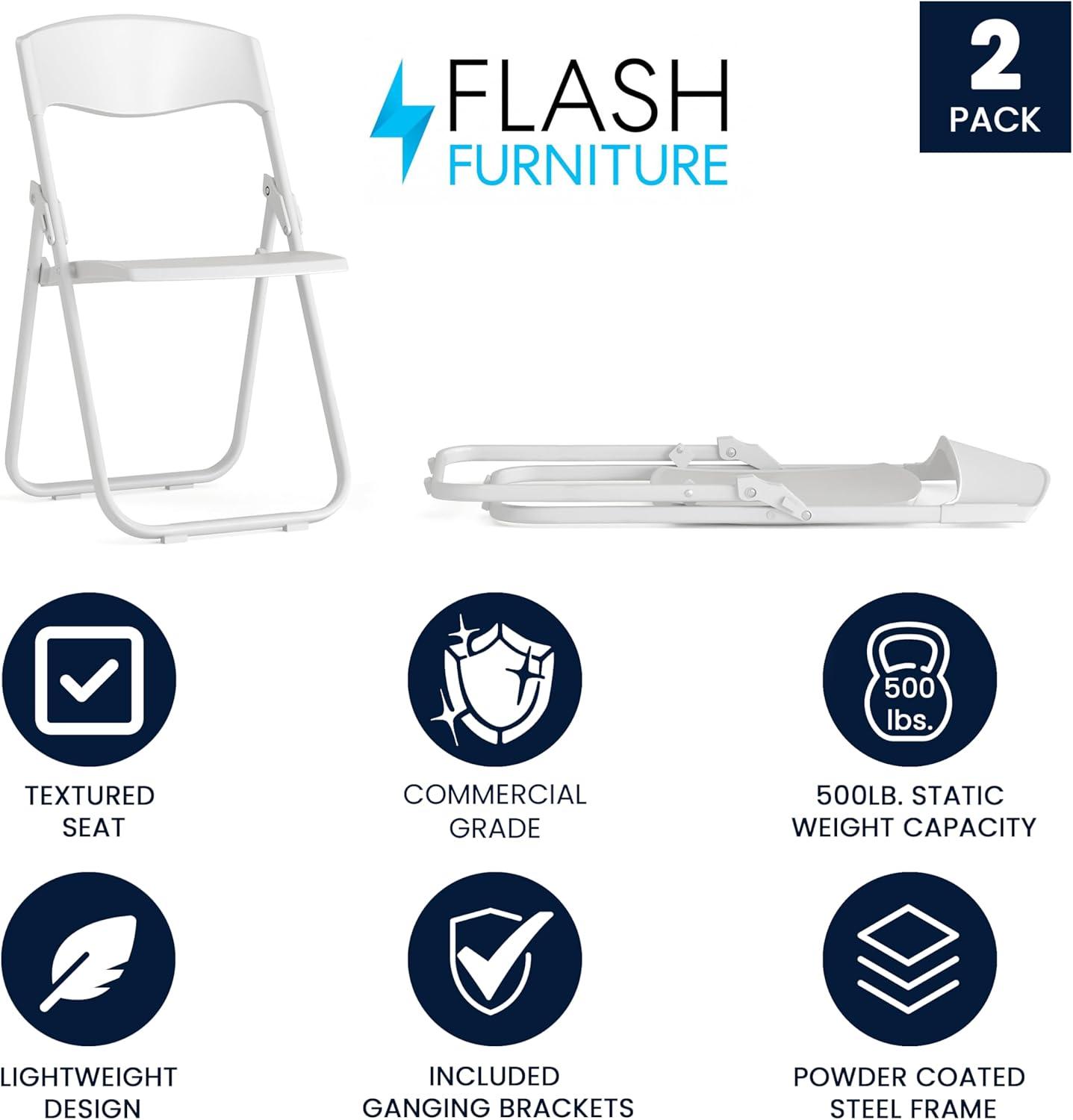 Flash Furniture 2 Pack HERCULES Series 500 lb. Capacity Heavy Duty White Plastic Folding Chair with Built-in Ganging Brackets
